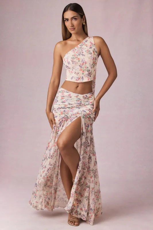 Asymmetric Ruched Maxi Skirt in Primrose Floral Print made by Oh Polly