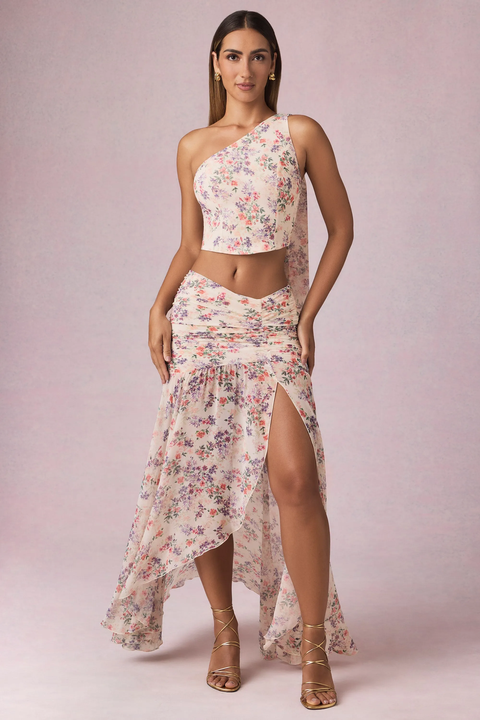 Asymmetric Ruched Maxi Skirt in Primrose Floral Print sold by Oh Polly product image thumbnail 5