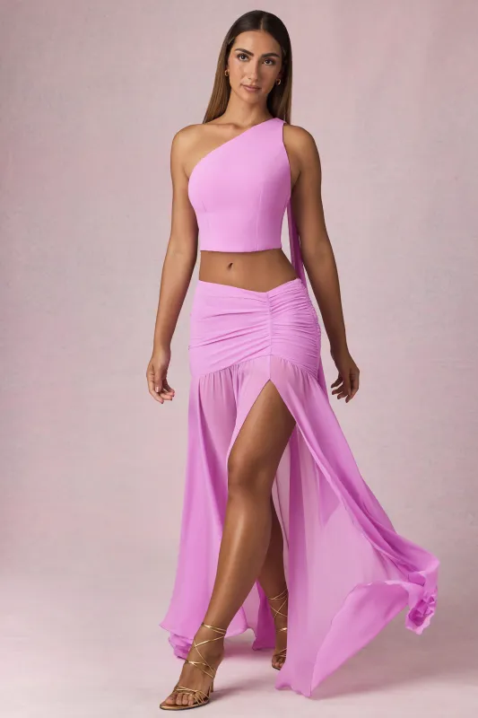 Asymmetric Ruched Maxi Skirt in Pink Orchid sold by Oh Polly