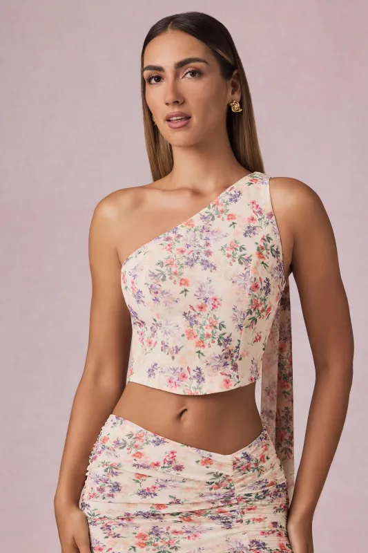 Scarf-Detail One-Shoulder Top in Primrose Floral Print sold by Oh Polly