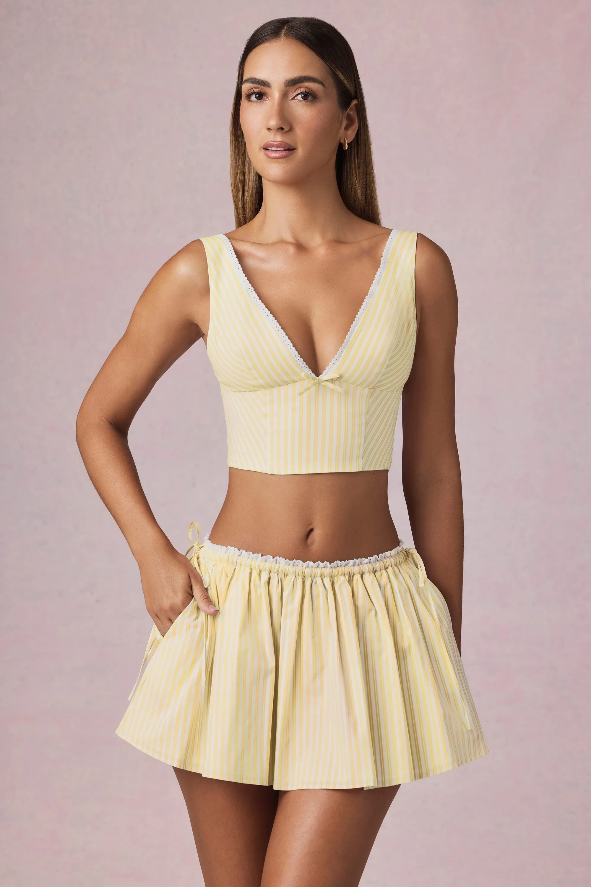 Ruched Drawstring Mini Skort in Lemon Yellow Stripe sold by Oh Polly product image thumbnail 4