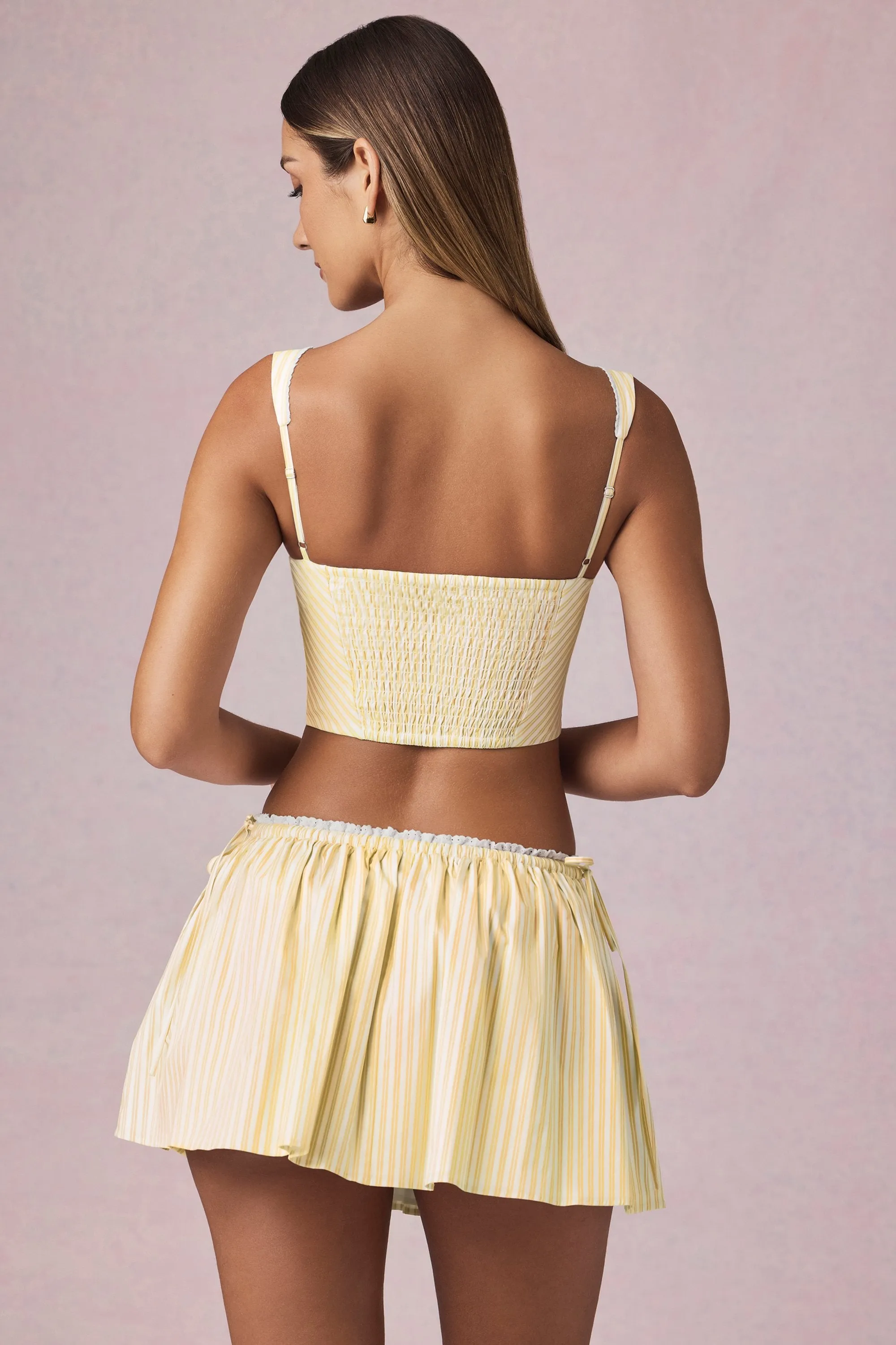Ruched Drawstring Mini Skort in Lemon Yellow Stripe sold by Oh Polly product image thumbnail 2