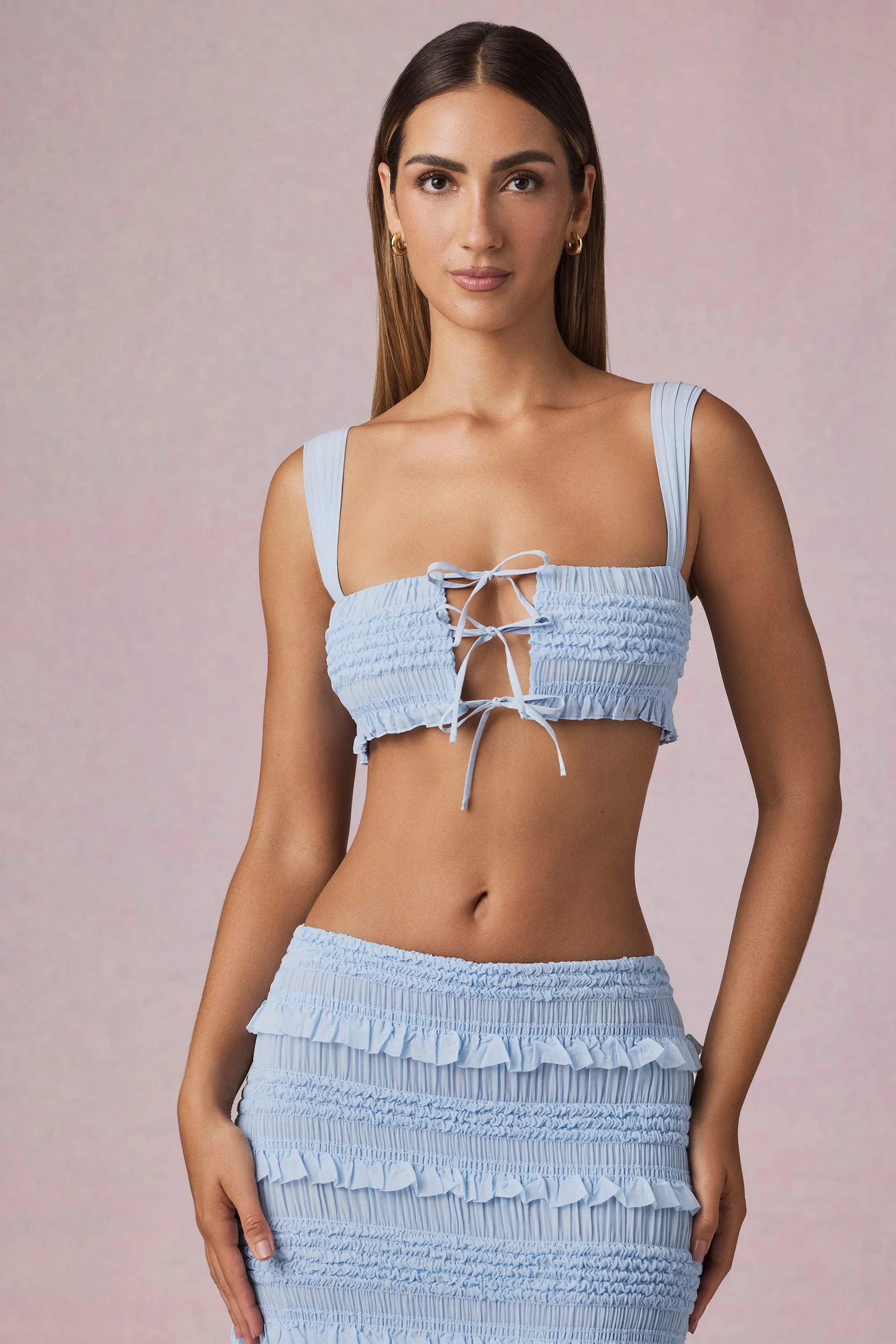 Ruffle Tie-Front Crop Top in Powder Blue sold by Oh Polly