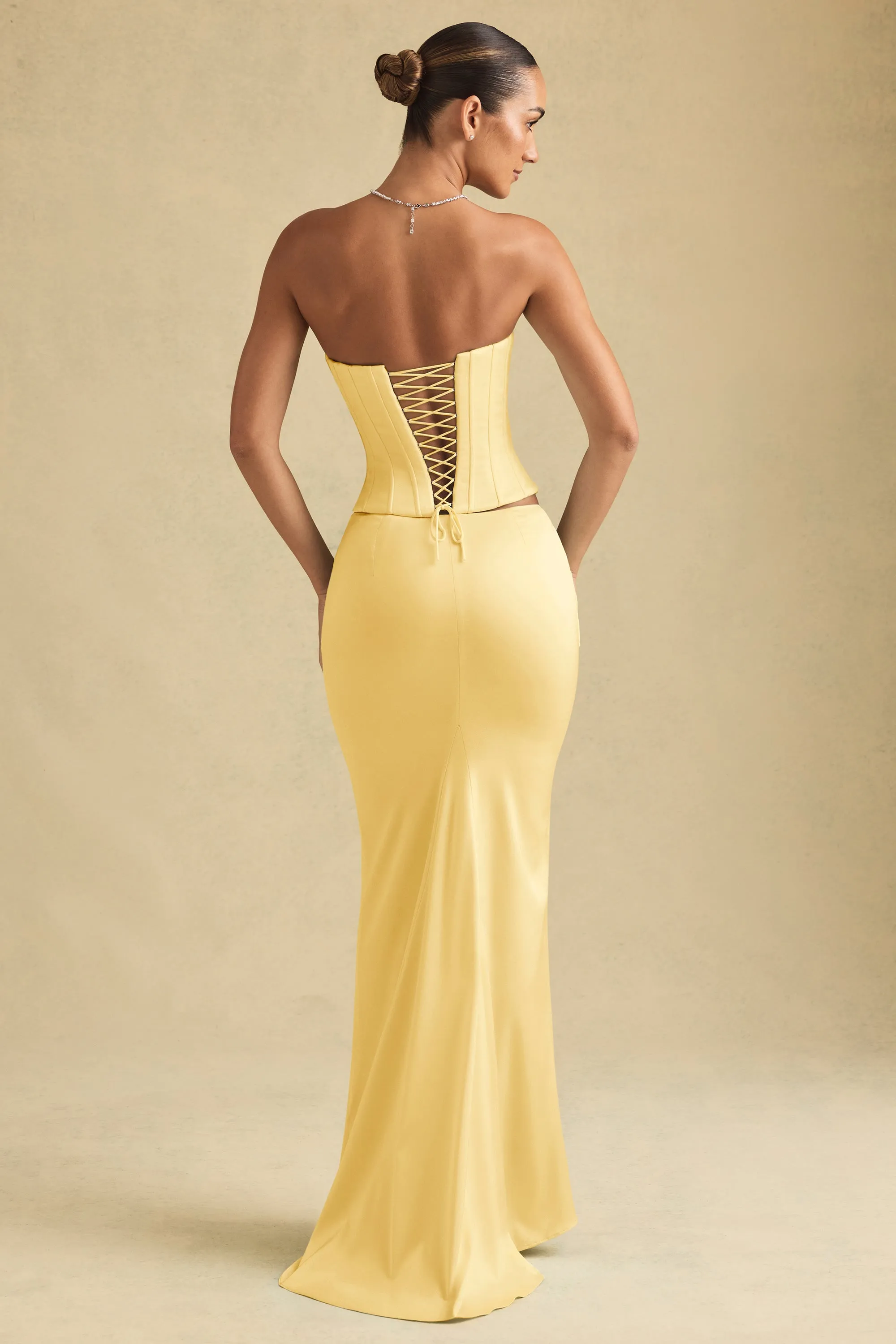 Draped Low-Rise Maxi Skirt in Pastel Yellow sold by Oh Polly product image thumbnail 3