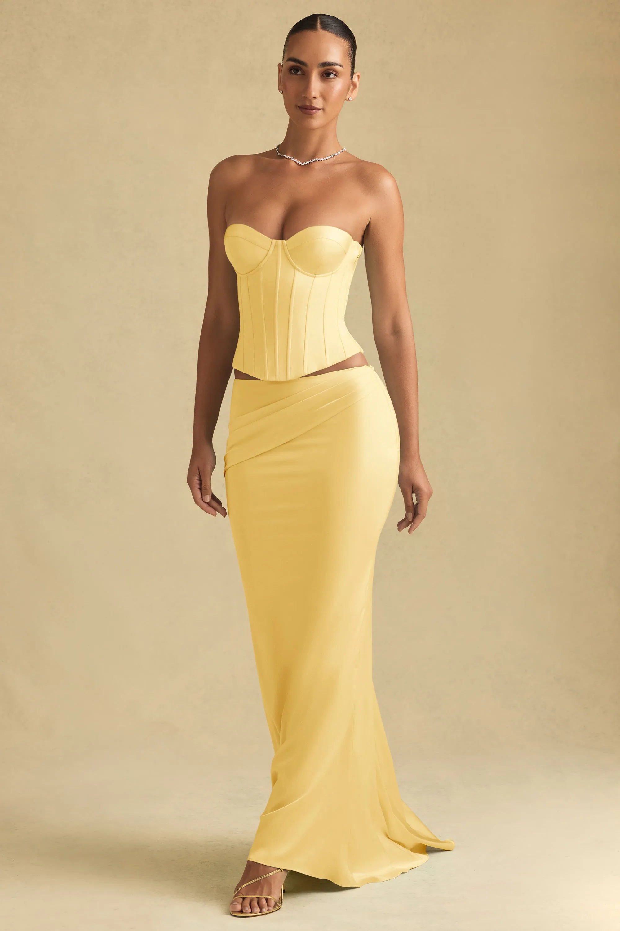 Draped Low-Rise Maxi Skirt in Pastel Yellow sold by Oh Polly product image thumbnail 5
