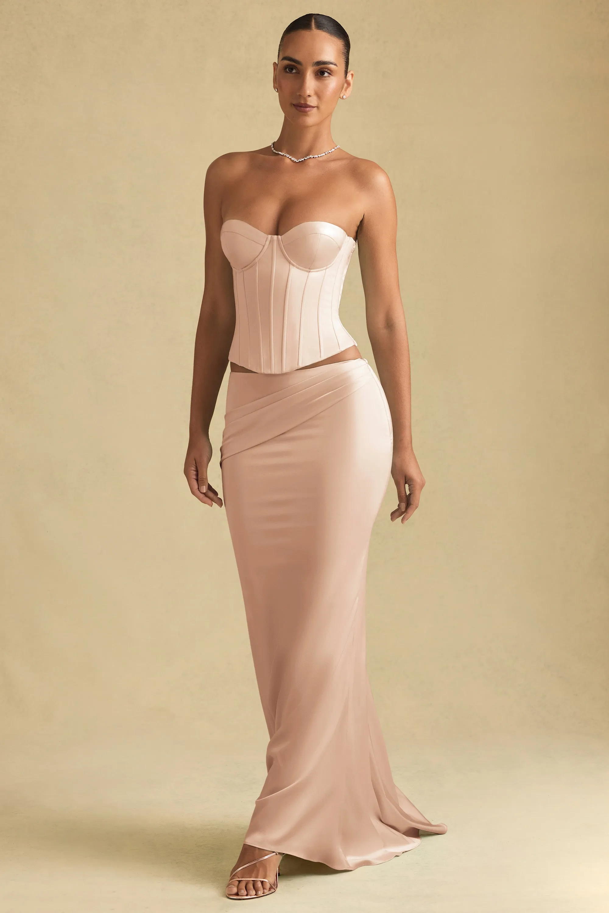 Draped Low-Rise Maxi Skirt in Beige Gold sold by Oh Polly product image thumbnail 4