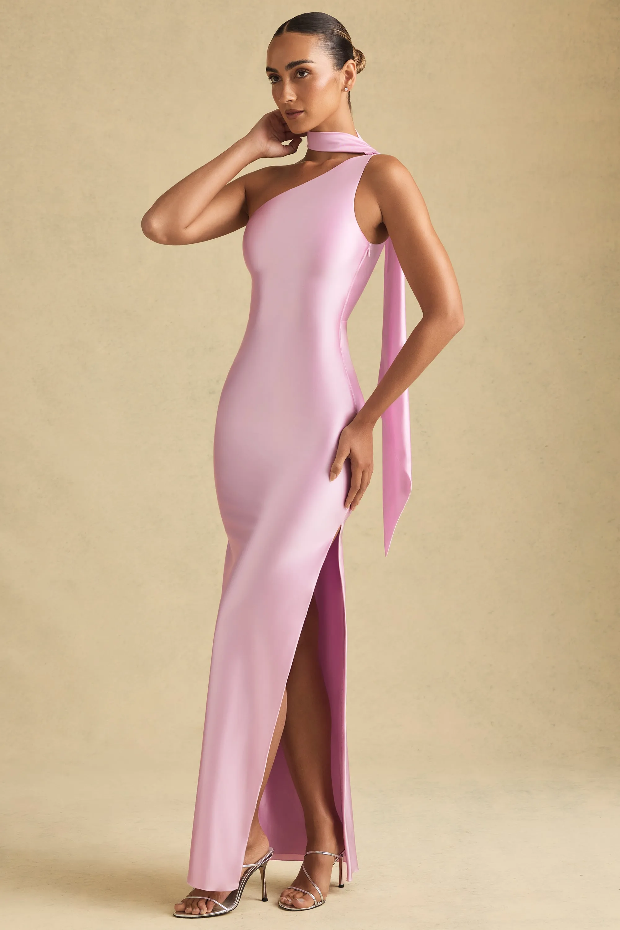 Asymmetric Scarf-Detail Maxi Dress in Soft Pink sold by Oh Polly