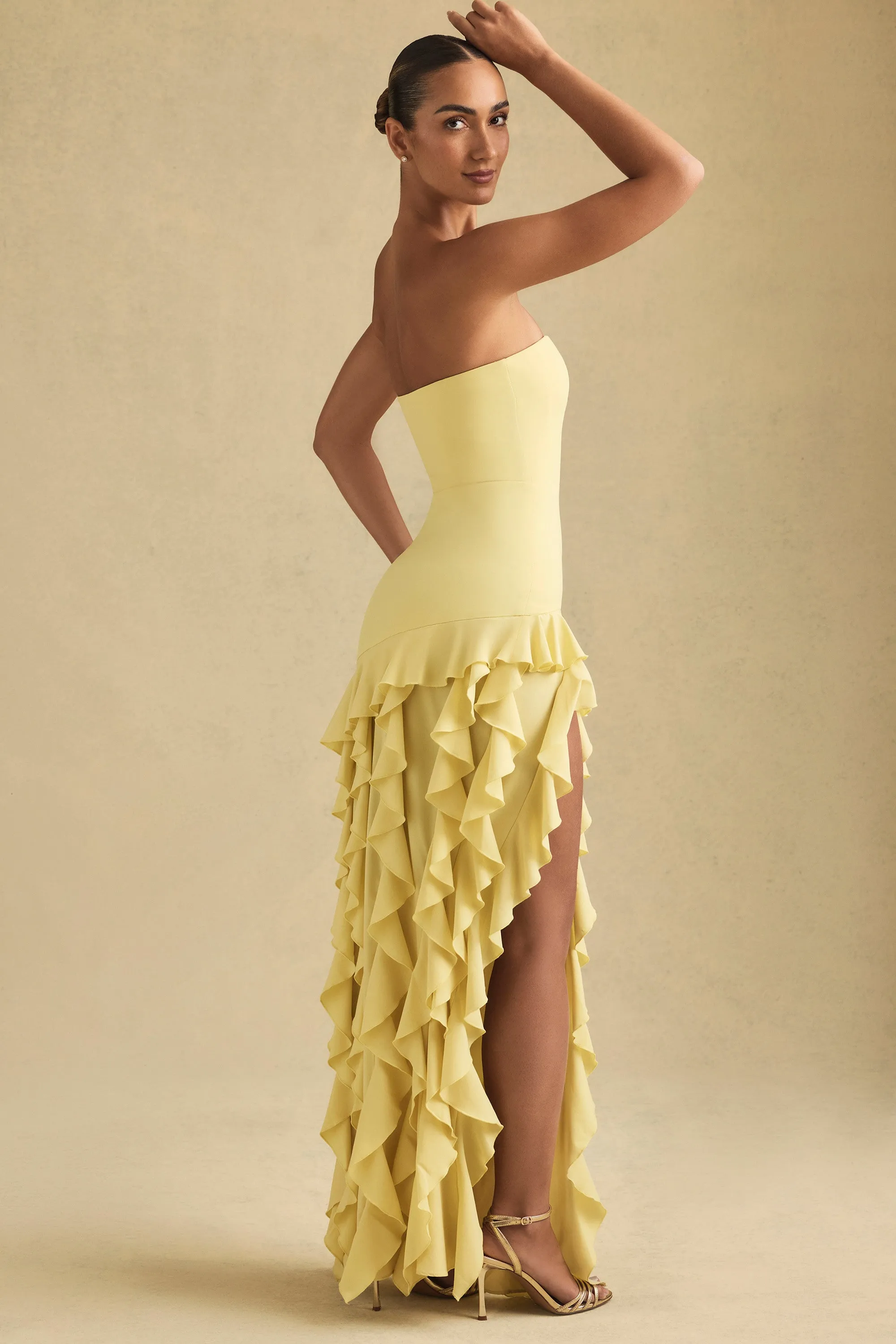 Ruffle-Trim Strapless Gown in Pastel Yellow sold by Oh Polly product image thumbnail 3