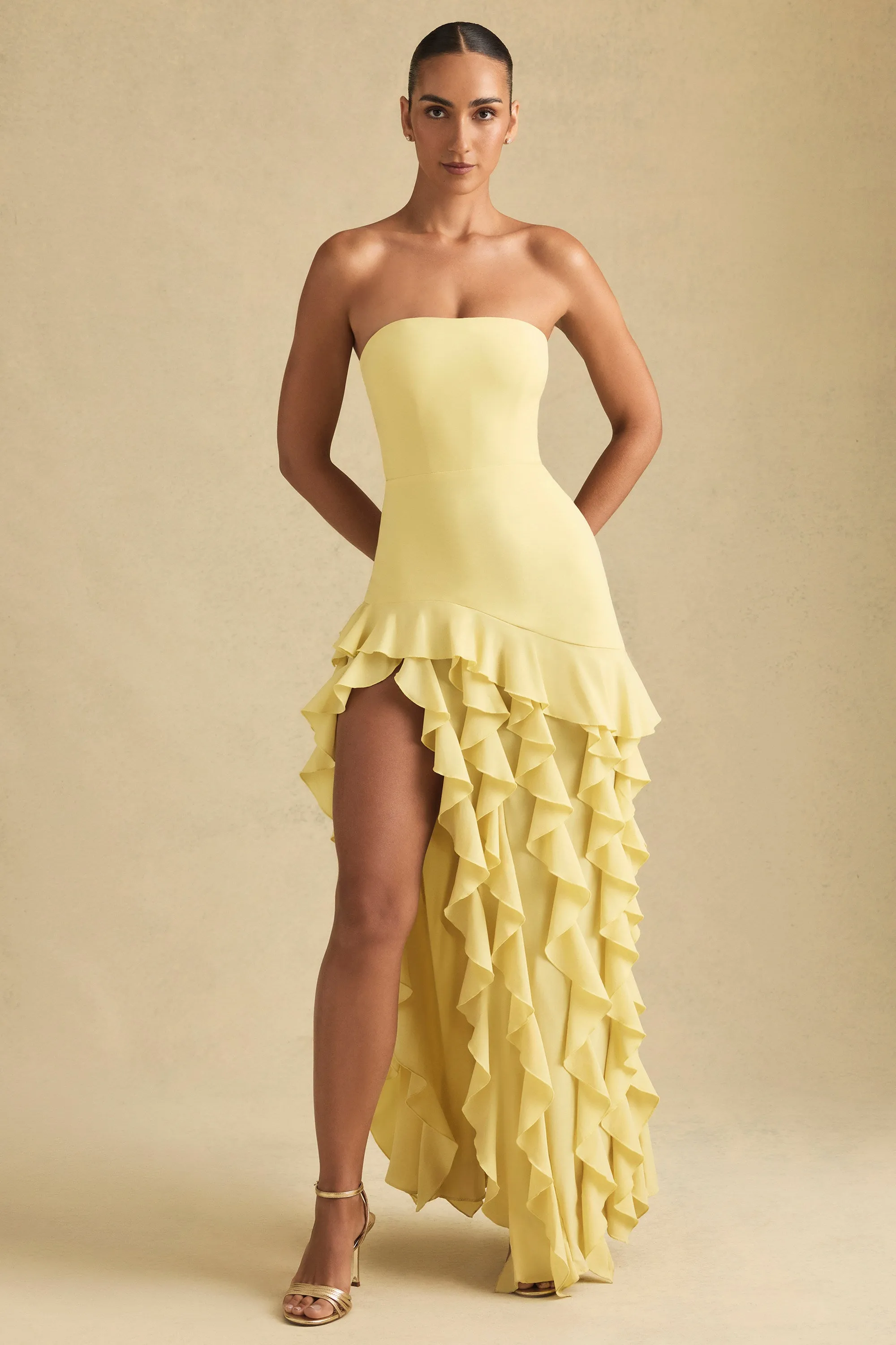 Ruffle-Trim Strapless Gown in Pastel Yellow sold by Oh Polly
