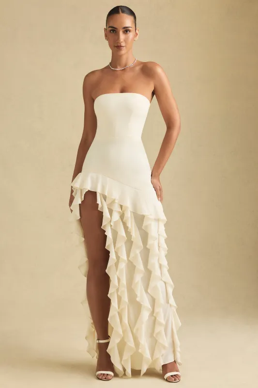 Ruffle-Trim Strapless Gown in Ivory sold by Oh Polly