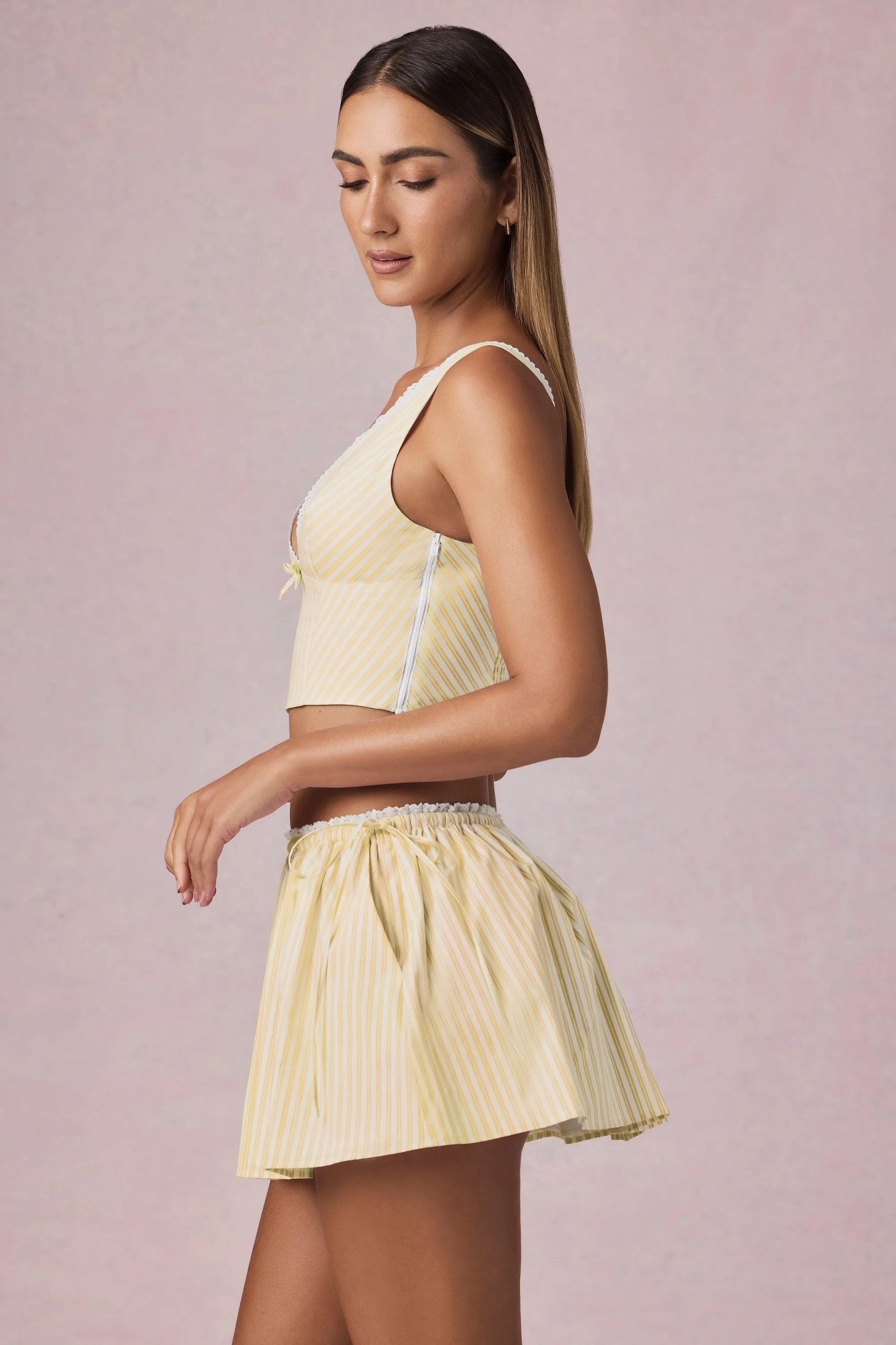 Ruched Drawstring Mini Skirt in Lemon Yellow Stripe sold by Oh Polly product image thumbnail 3