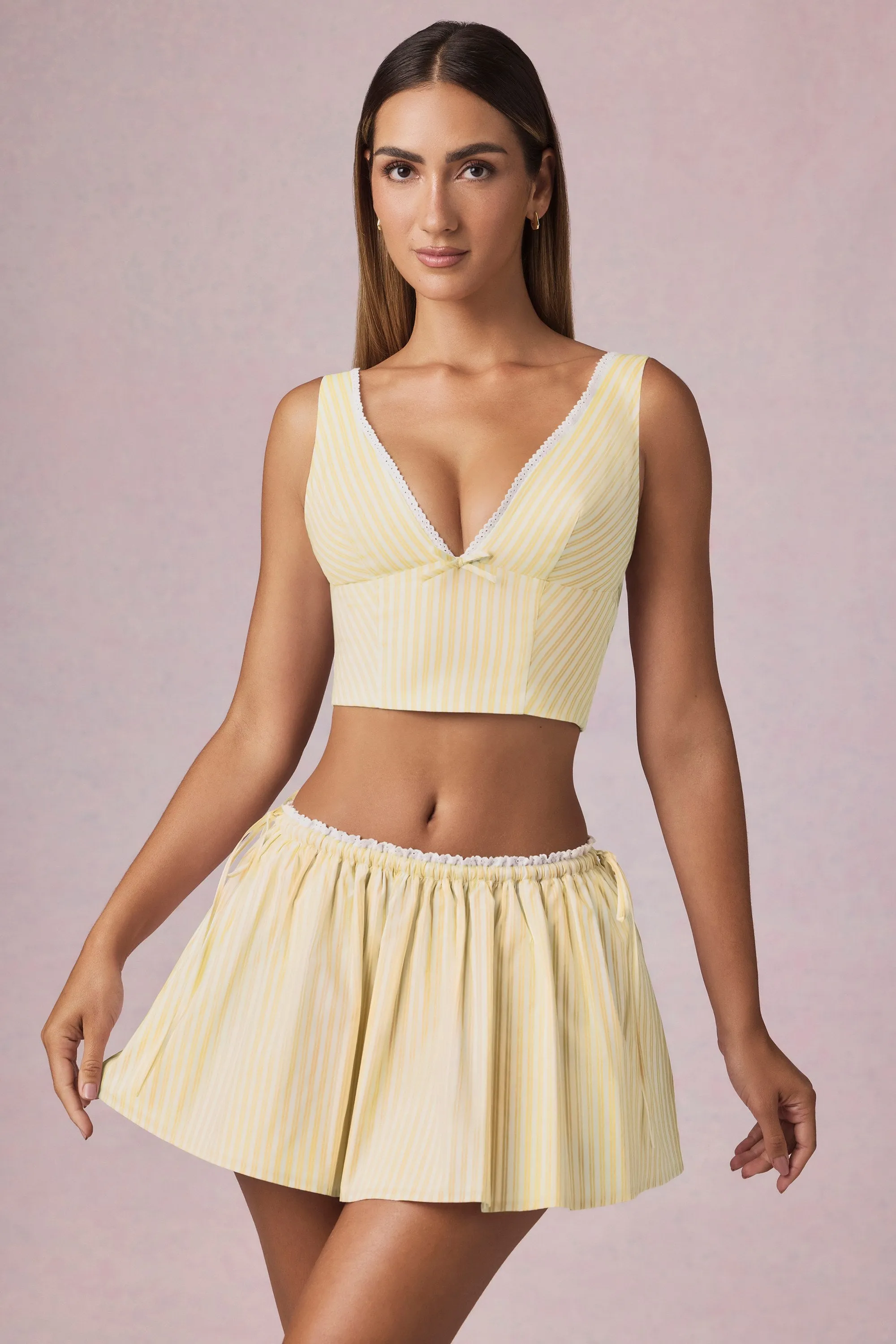 Ruched Drawstring Mini Skirt in Lemon Yellow Stripe sold by Oh Polly