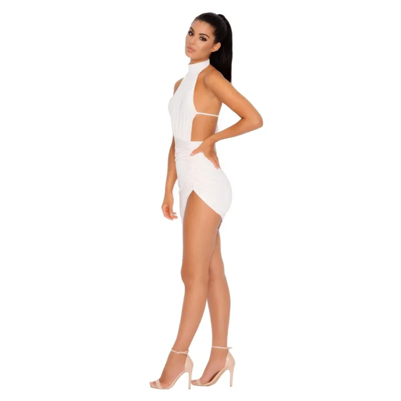 Ruched And Ready Halter Neck Mini Dress in Oyster White sold by Oh Polly