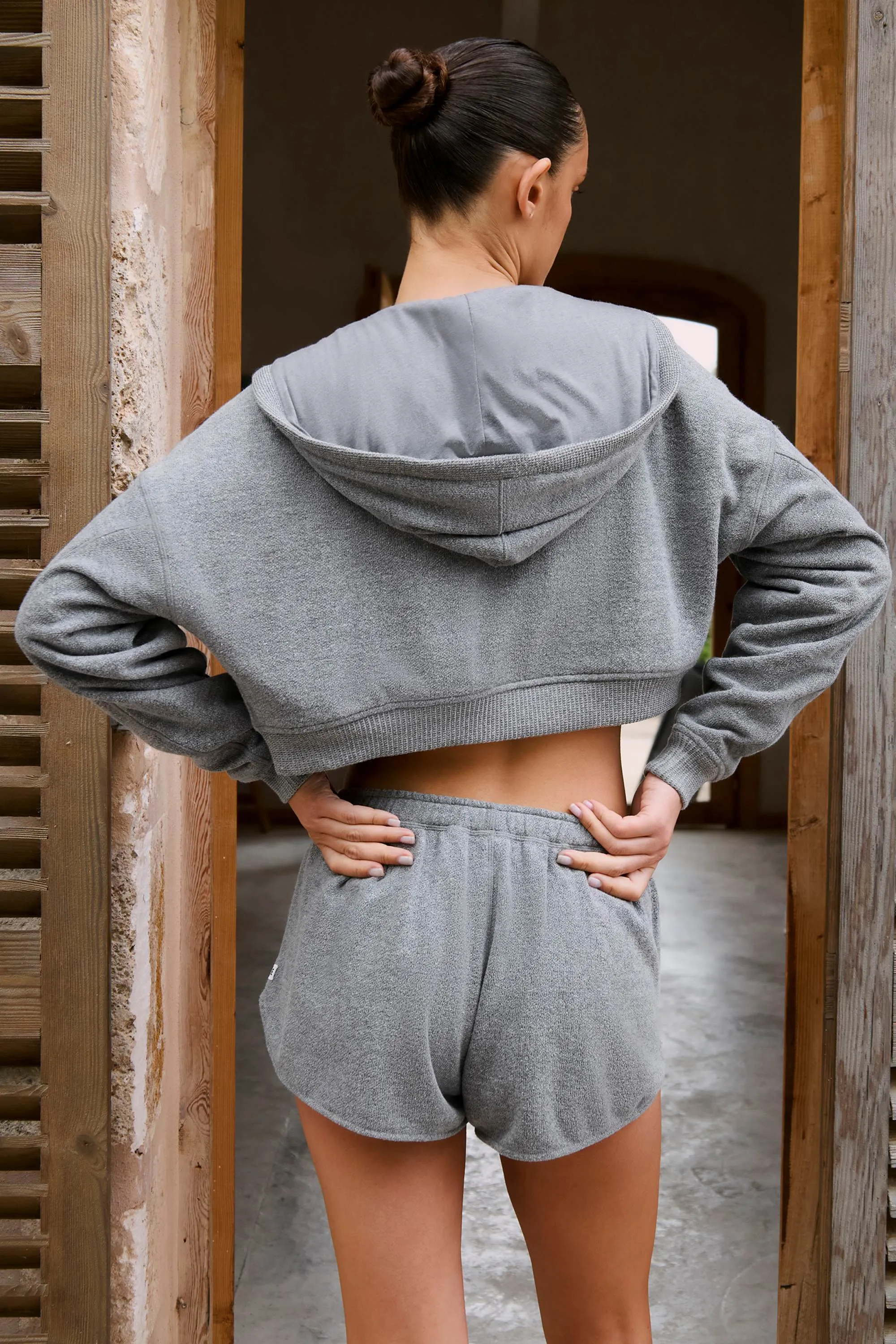 Terry Cotton Zip-Up Cropped Hoodie in Dark Grey sold by Oh Polly product image thumbnail 2