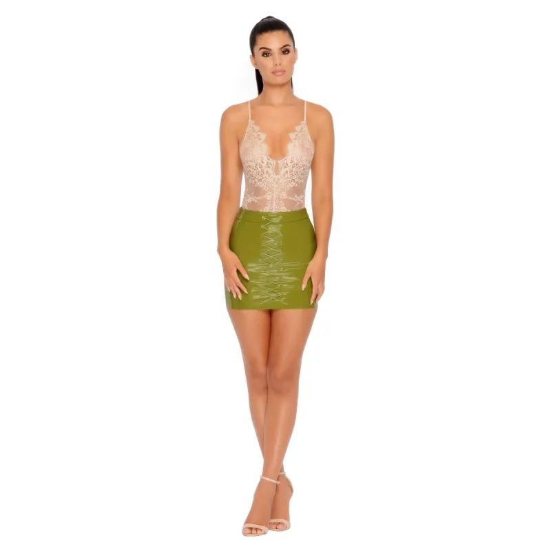 Of Corset Lace Up Vinyl Mini Skirt in Kale sold by Oh Polly