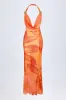 Cowl-Neck Hardware-Detail Maxi Dress in Orange Orchid Print sold by Oh Polly