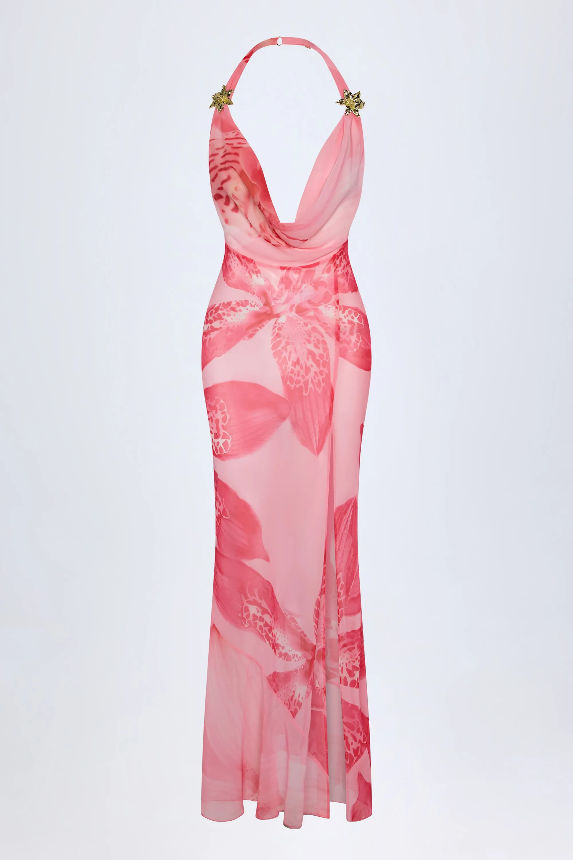 Cowl-Neck Hardware-Detail Maxi Dress in Pink Orchid Print sold by Oh Polly product image thumbnail 3