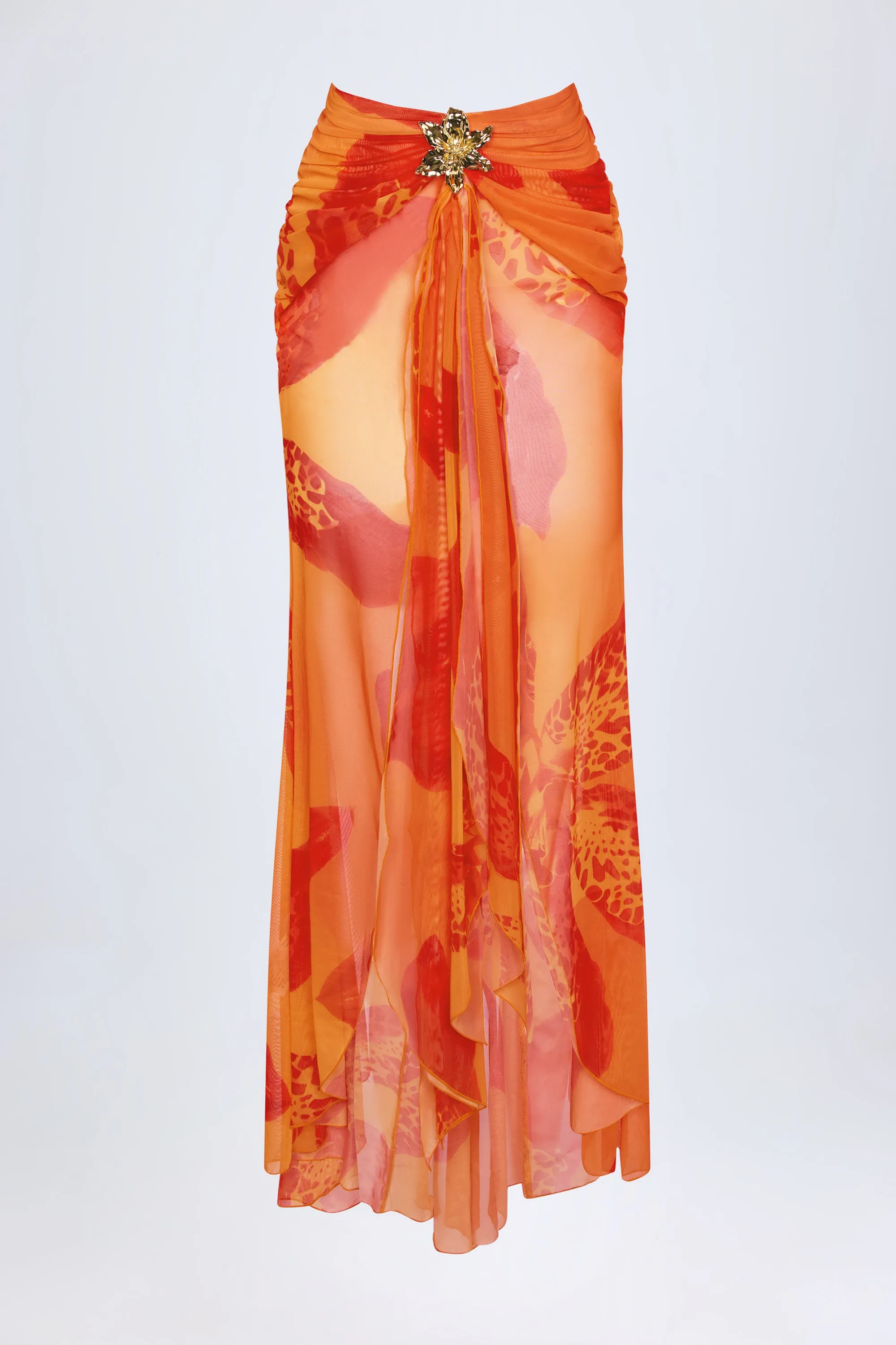 Ruched Hardware-Detail Fishtail Maxi Skirt in Orange Orchid Print sold by Oh Polly product image thumbnail 3
