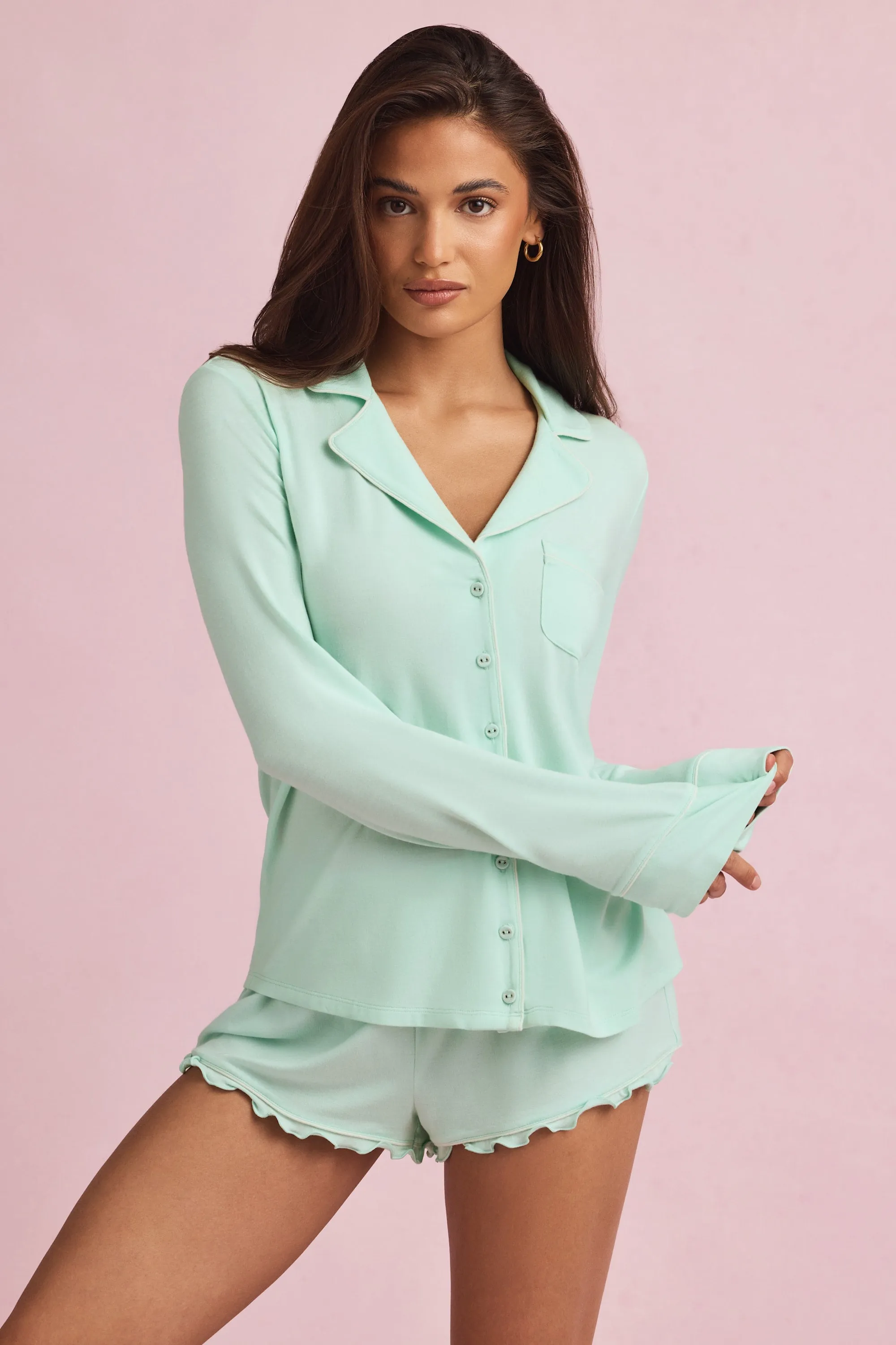 Modal Long-Sleeve Pyjama Top in Mint sold by Oh Polly