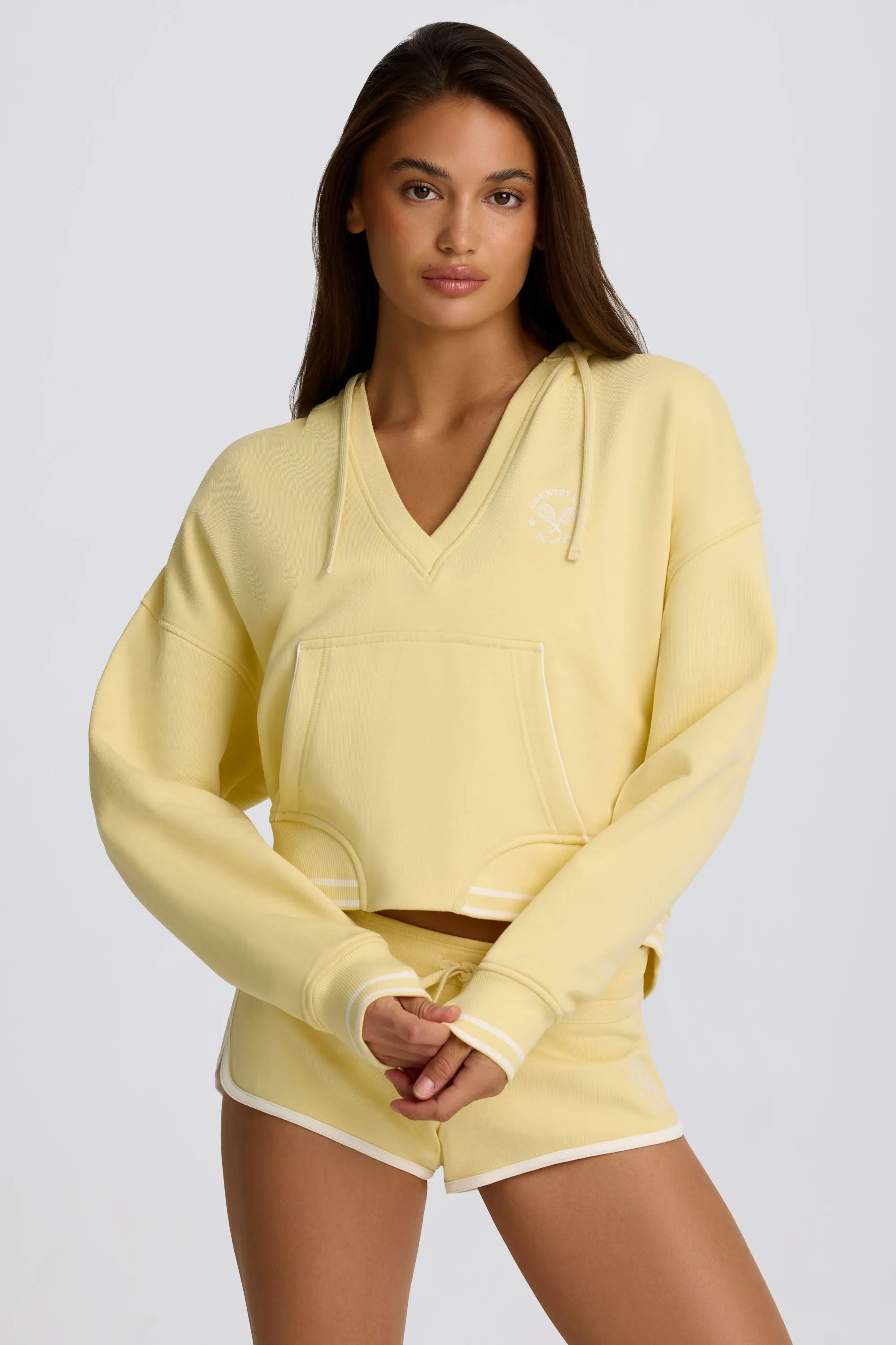 Cotton Jersey V-Neck Hoodie in Lemon sold by Oh Polly