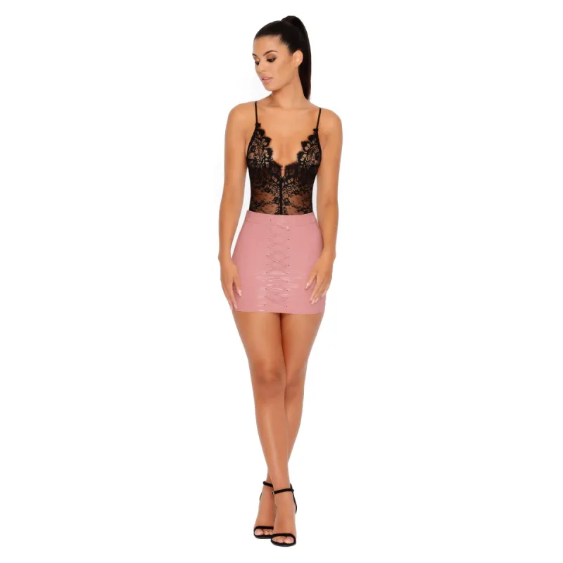 Of Corset Lace Up Vinyl Mini Skirt in Mauve sold by Oh Polly