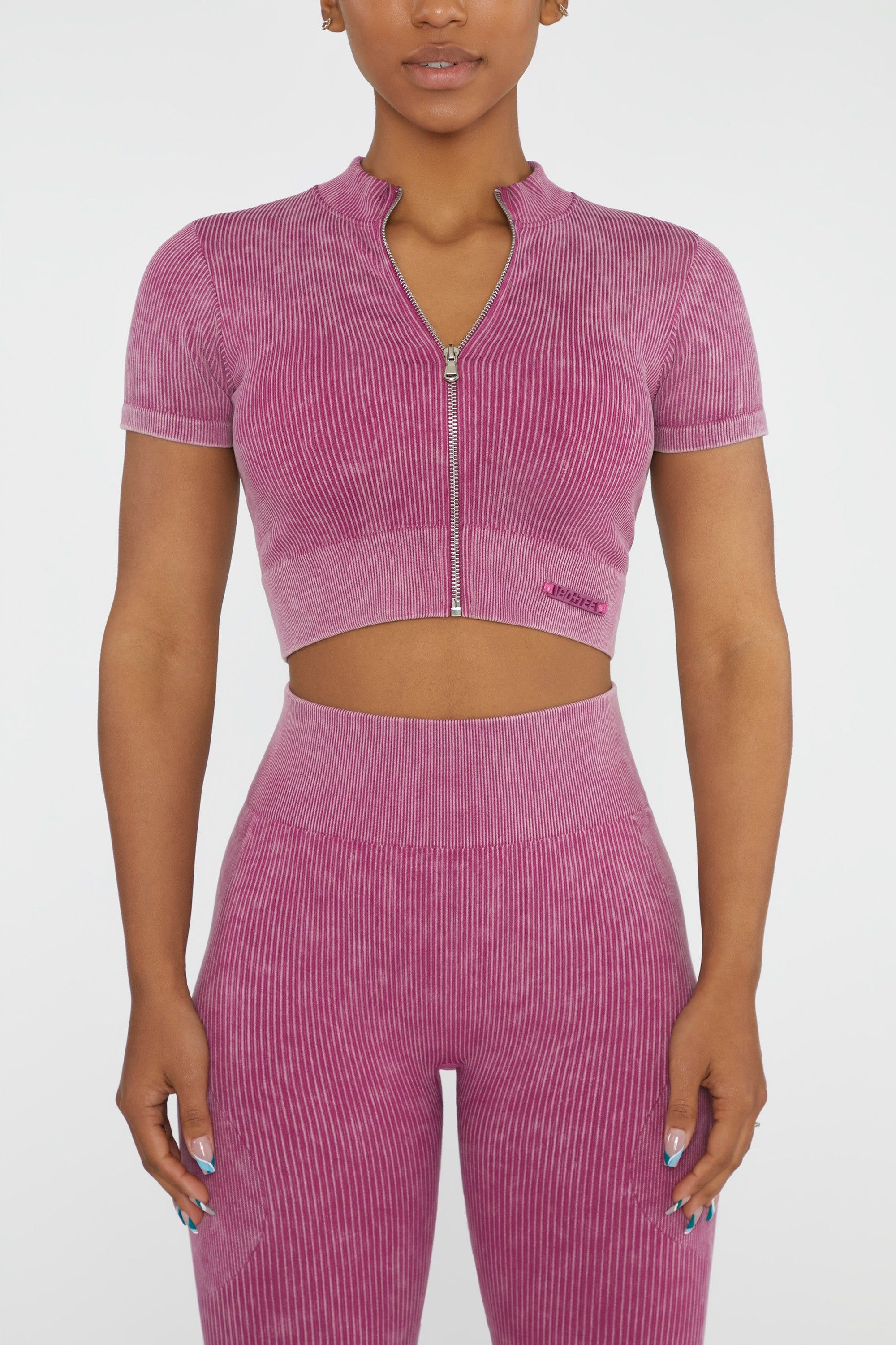 Short Sleeve Zip Crop Top in Dark Pink sold by Oh Polly product image thumbnail 2