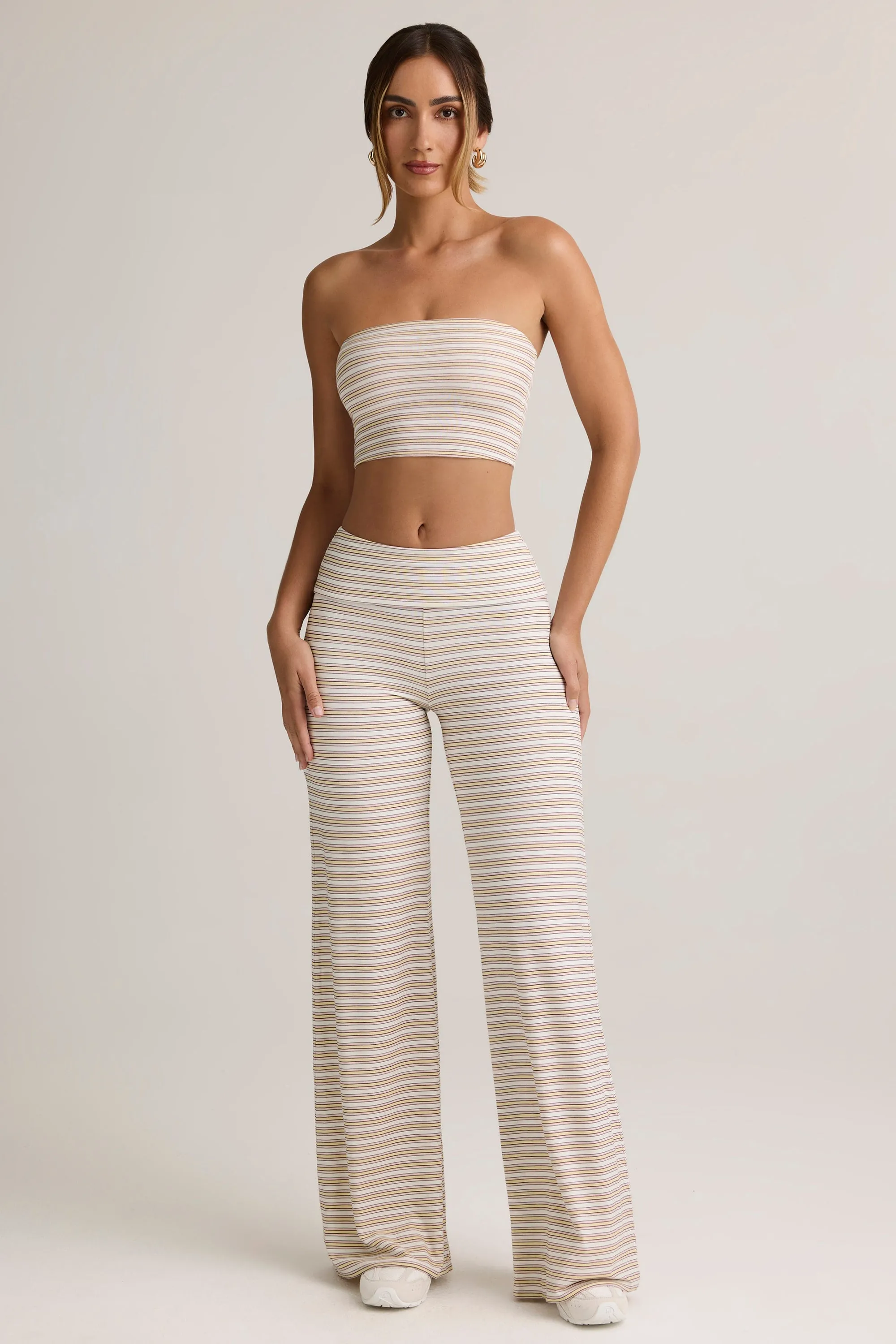 Modal Foldover Wide-Leg Trousers in Pink & Yellow Stripe sold by Oh Polly