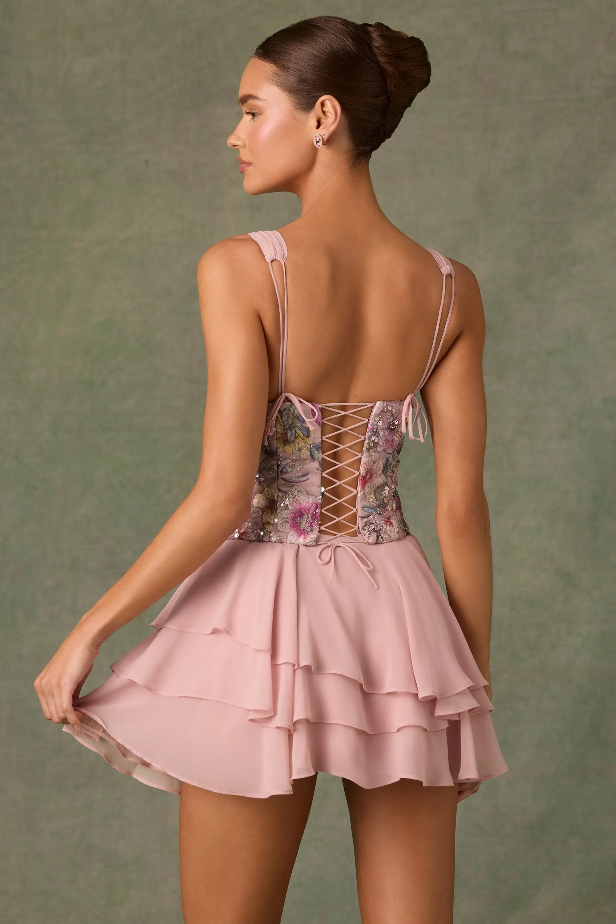 Embellished Ruffled Corset Mini Dress in Floral Pink sold by Oh Polly product image thumbnail 2