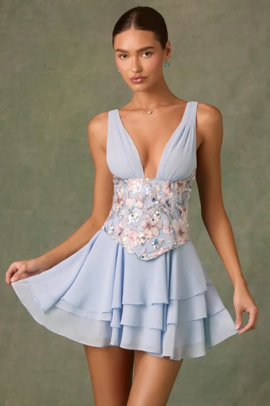 Embellished Ruffled Corset Mini Dress in Floral Blue sold by Oh Polly