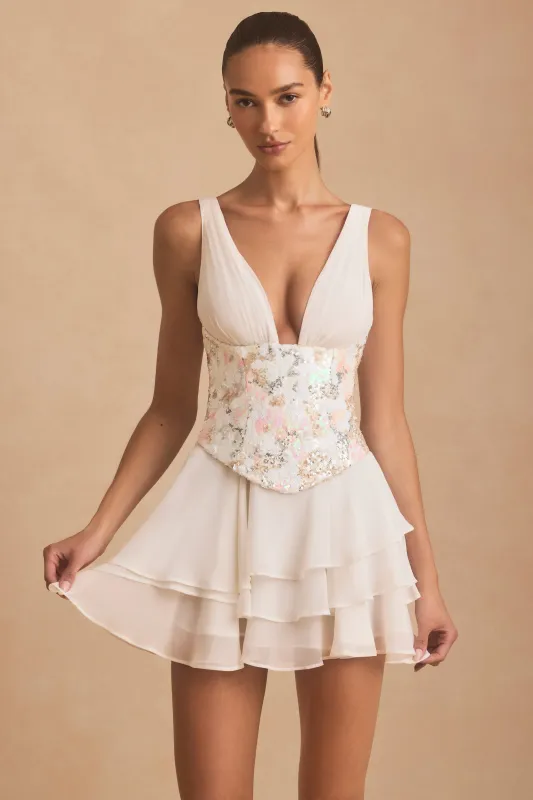 Embellished Ruffled Corset Mini Dress in Ivory sold by Oh Polly