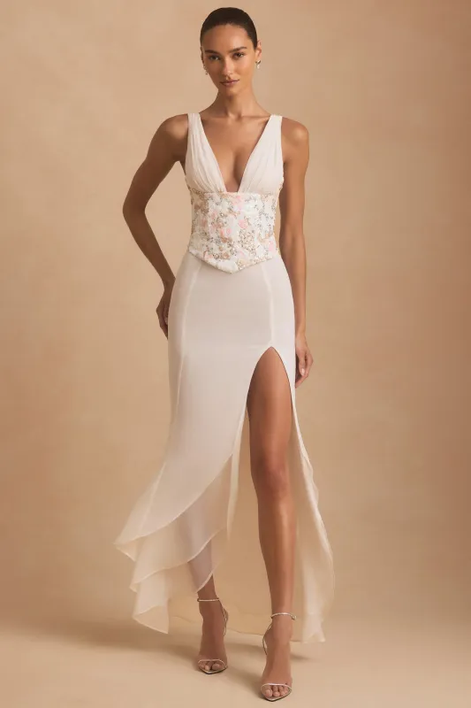 Embellished Plunge Ruffled Corset Maxi Dress in Ivory sold by Oh Polly