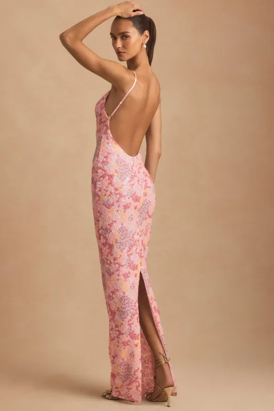 Embellished Scoop-Neck Backless Maxi Dress in Pink sold by Oh Polly