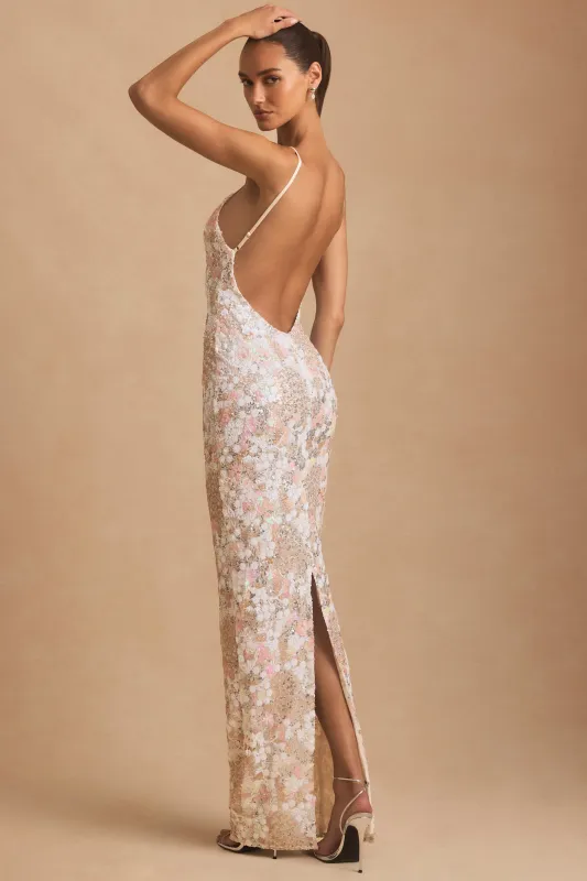 Embellished Scoop-Neck Backless Maxi Dress in Ivory sold by Oh Polly