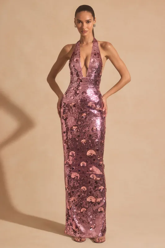 Sequin-Embellished Halterneck Maxi Dress in Pink sold by Oh Polly