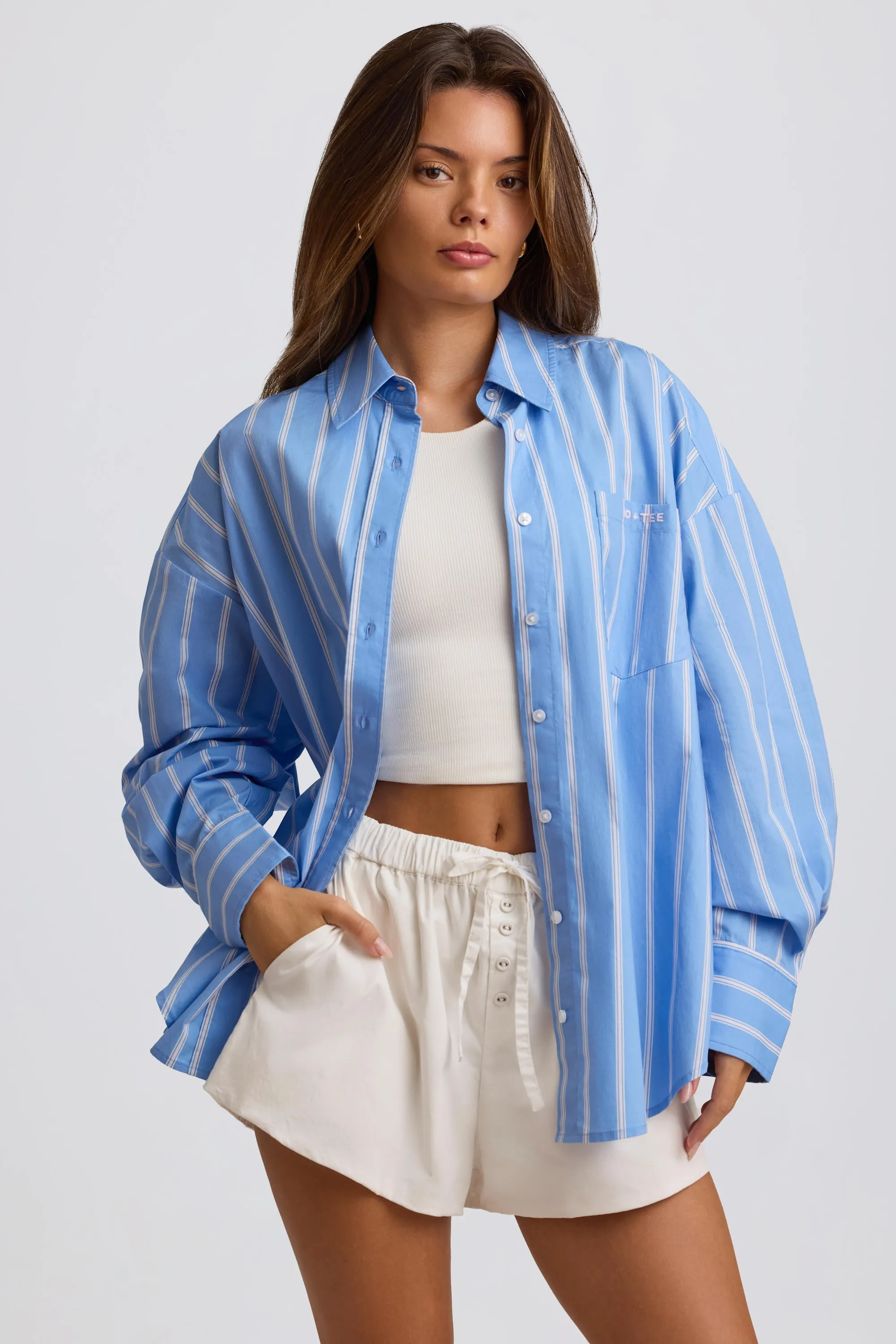 Cotton Poplin Stripe Oversized Shirt in Blue Stripe sold by Oh Polly