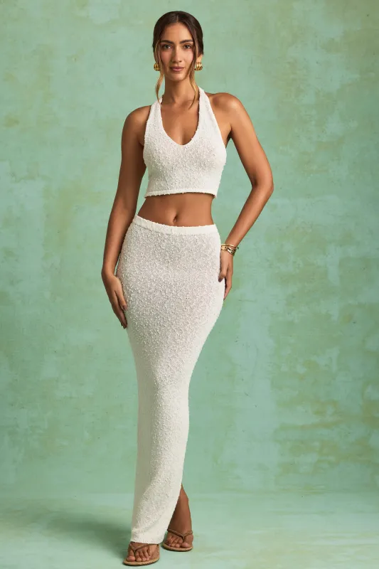 Bouclé Mid-Rise Maxi Skirt in White sold by Oh Polly