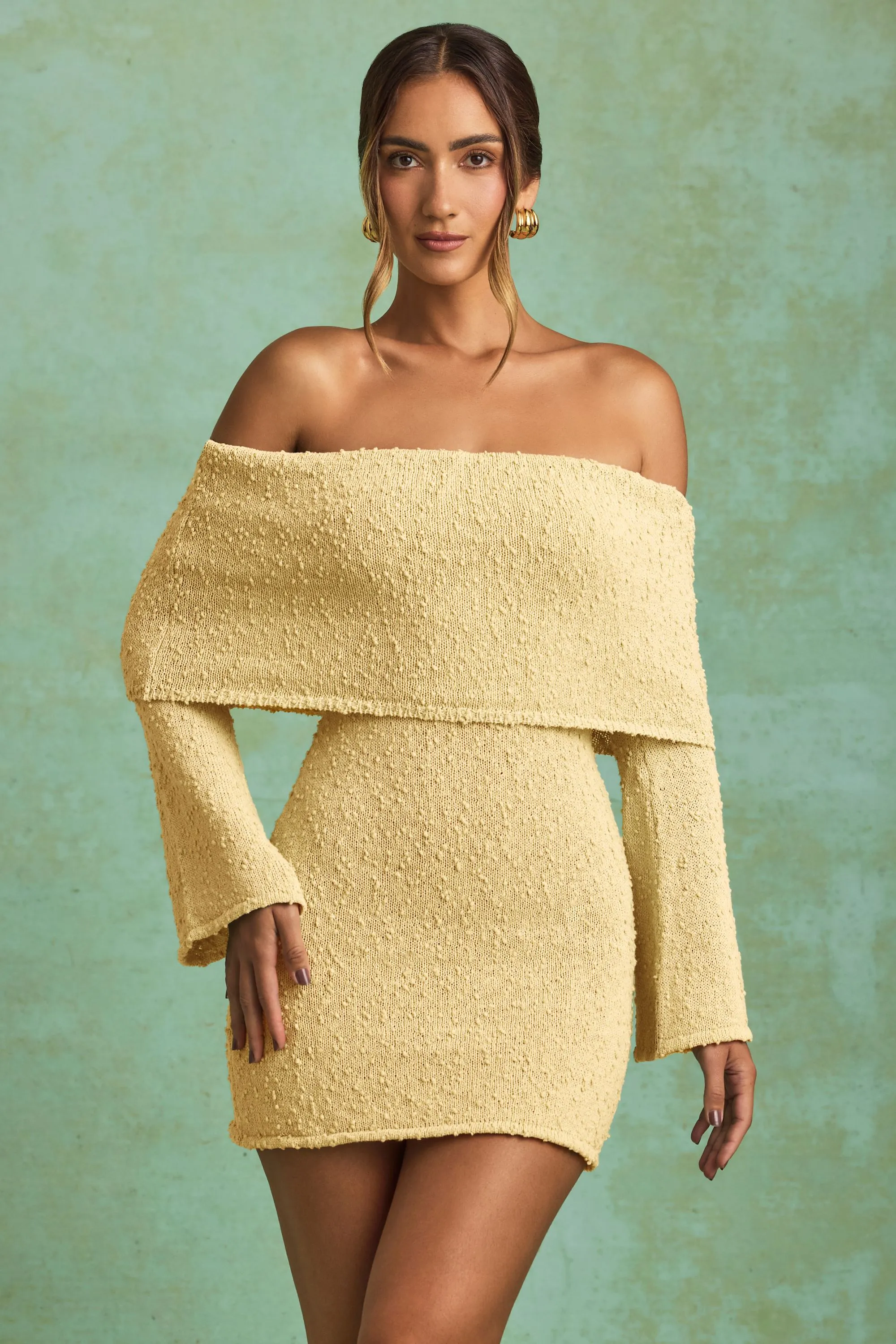 Bouclé Off-Shoulder Mini Dress in Yellow sold by Oh Polly