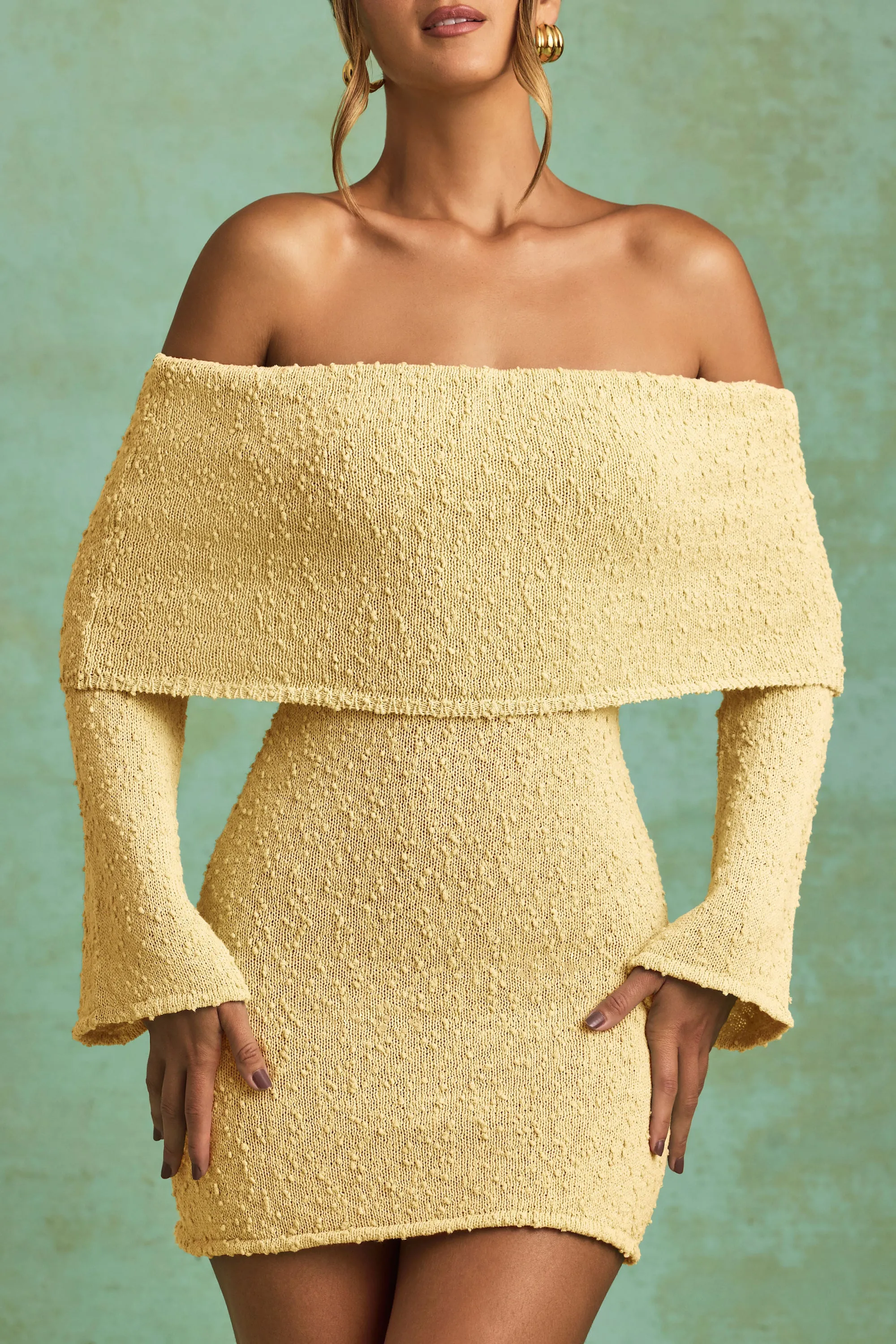 Bouclé Off-Shoulder Mini Dress in Yellow sold by Oh Polly product image thumbnail 4
