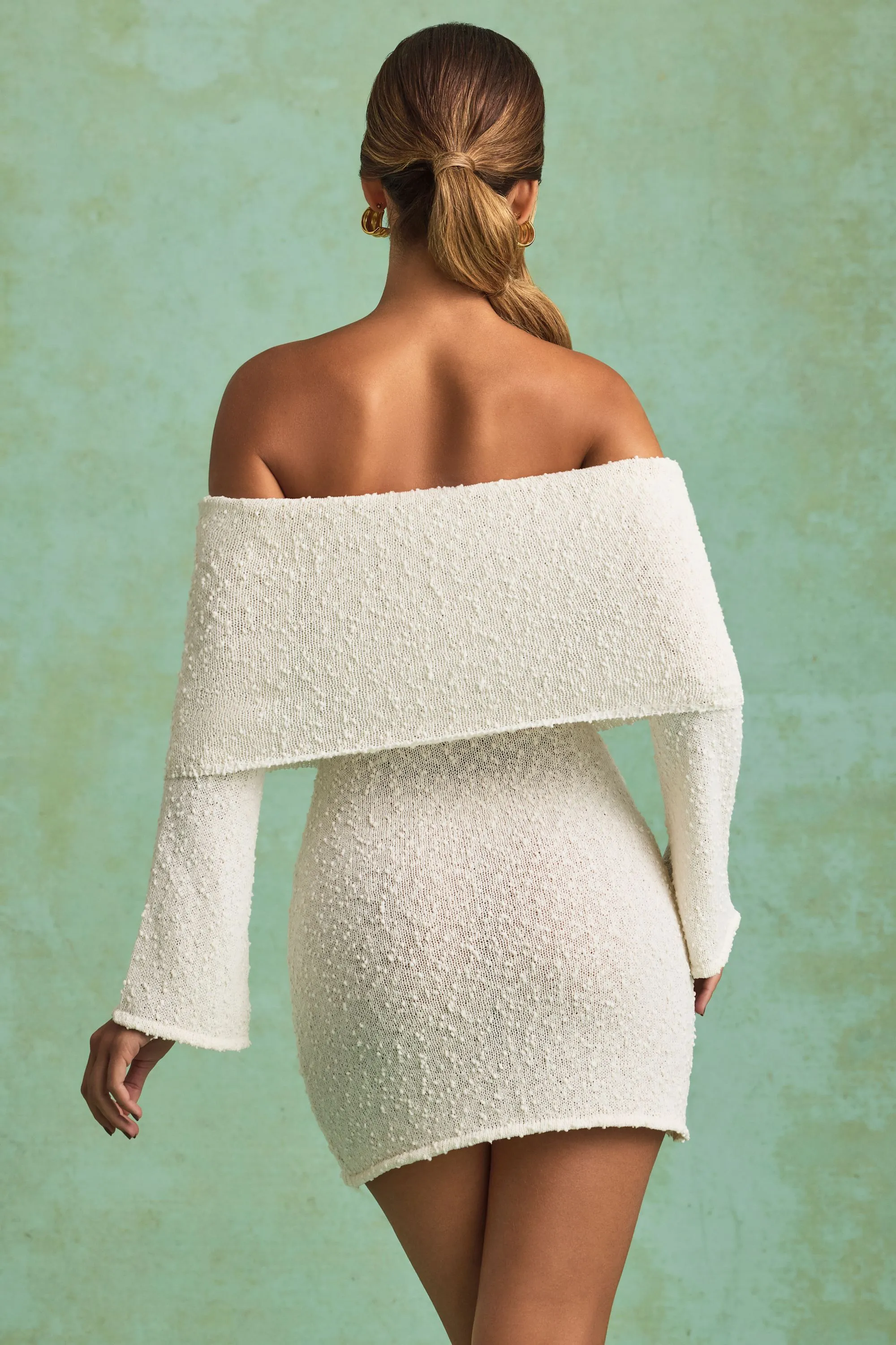 Bouclé Off-Shoulder Mini Dress in White sold by Oh Polly product image thumbnail 5