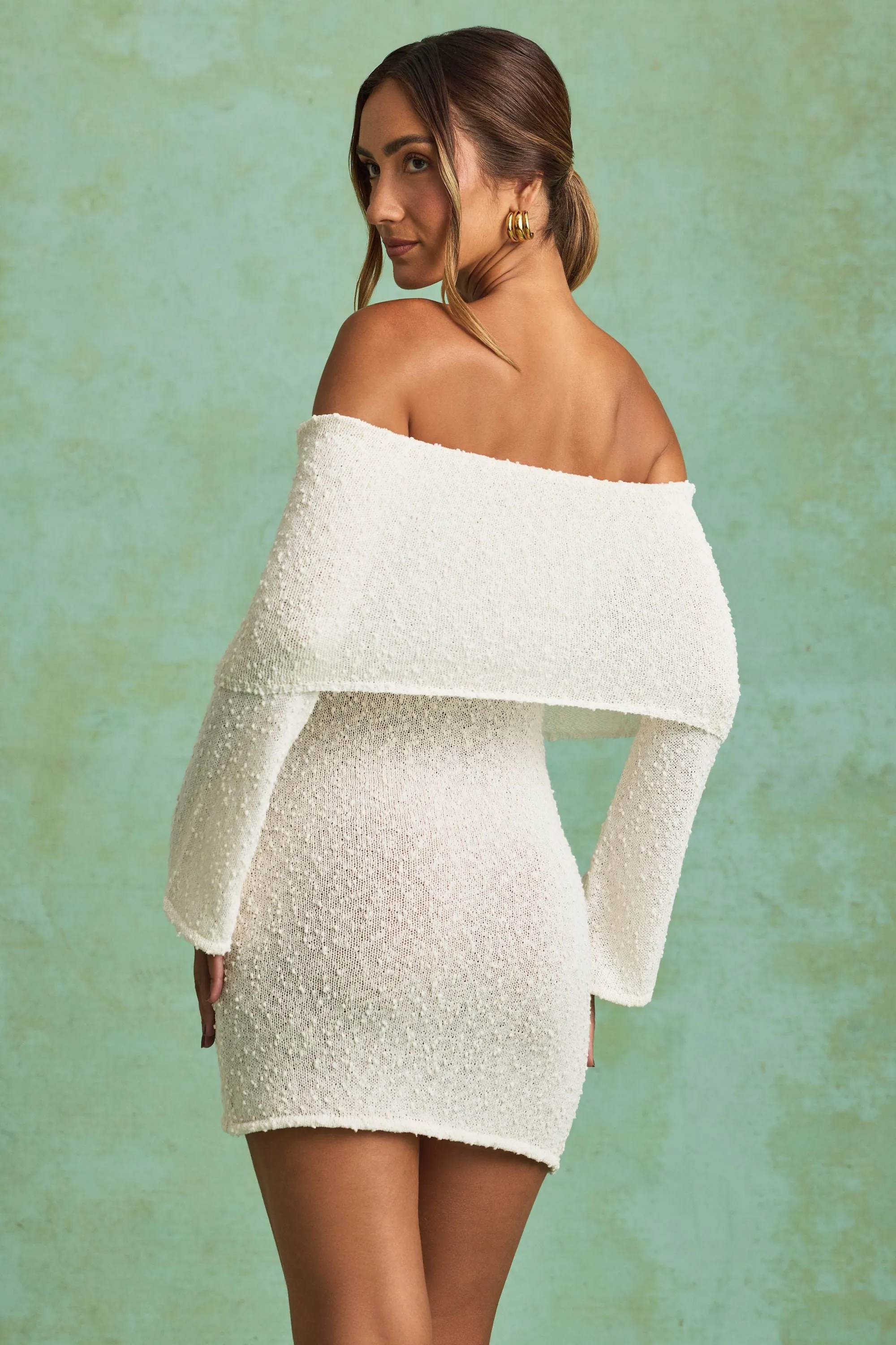 Bouclé Off-Shoulder Mini Dress in White sold by Oh Polly product image thumbnail 2
