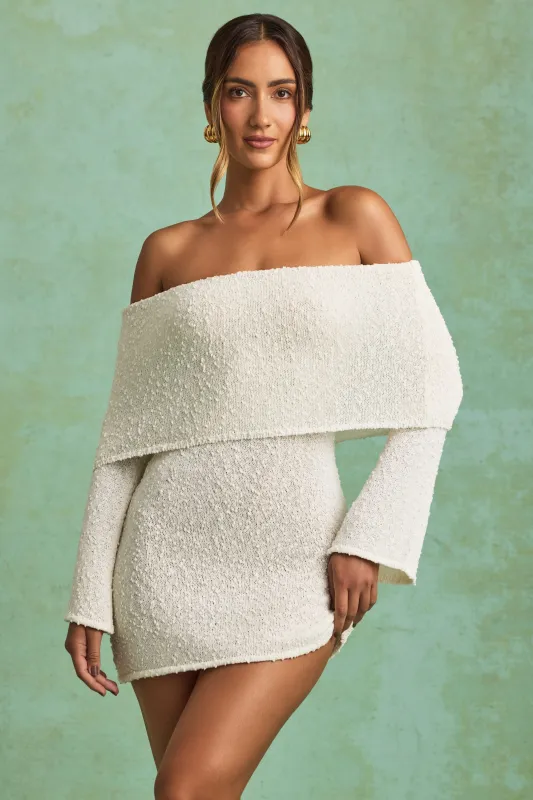 Bouclé Off-Shoulder Mini Dress in White sold by Oh Polly