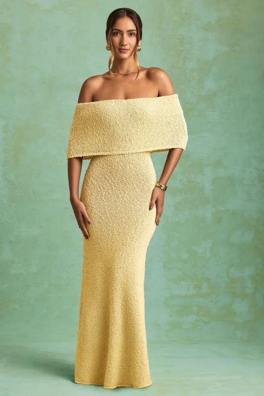 Bouclé Off-Shoulder Maxi Dress in Yellow sold by Oh Polly
