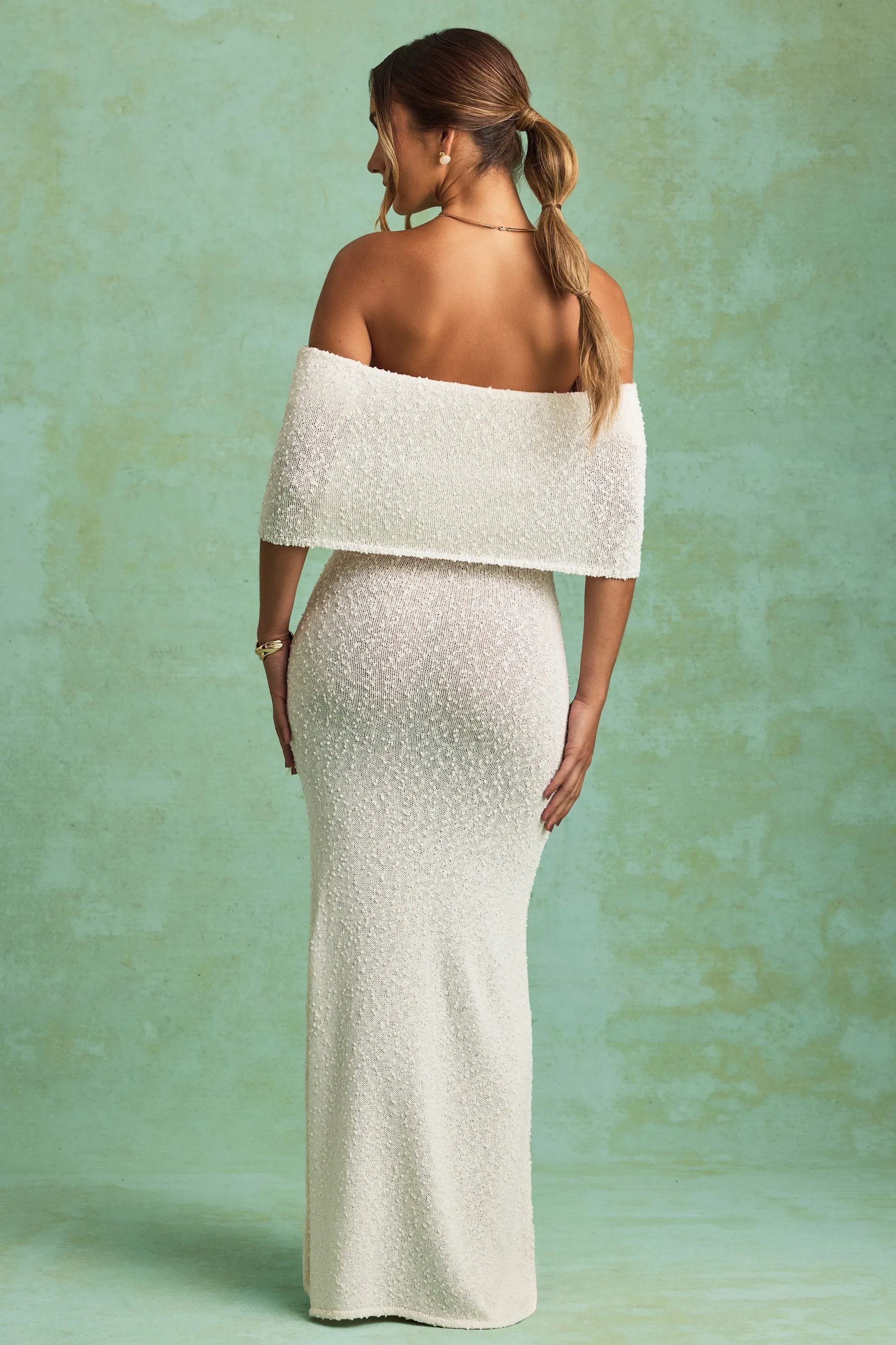 Bouclé Off-Shoulder Maxi Dress in White sold by Oh Polly product image thumbnail 5