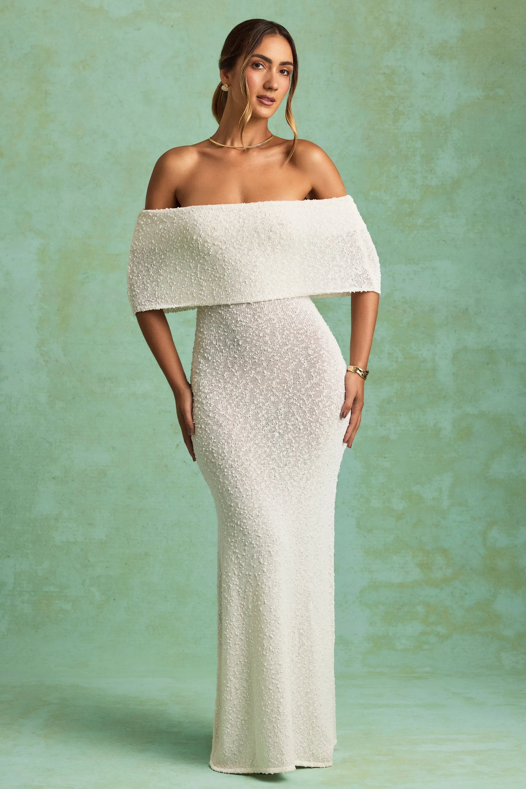 Bouclé Off-Shoulder Maxi Dress in White sold by Oh Polly