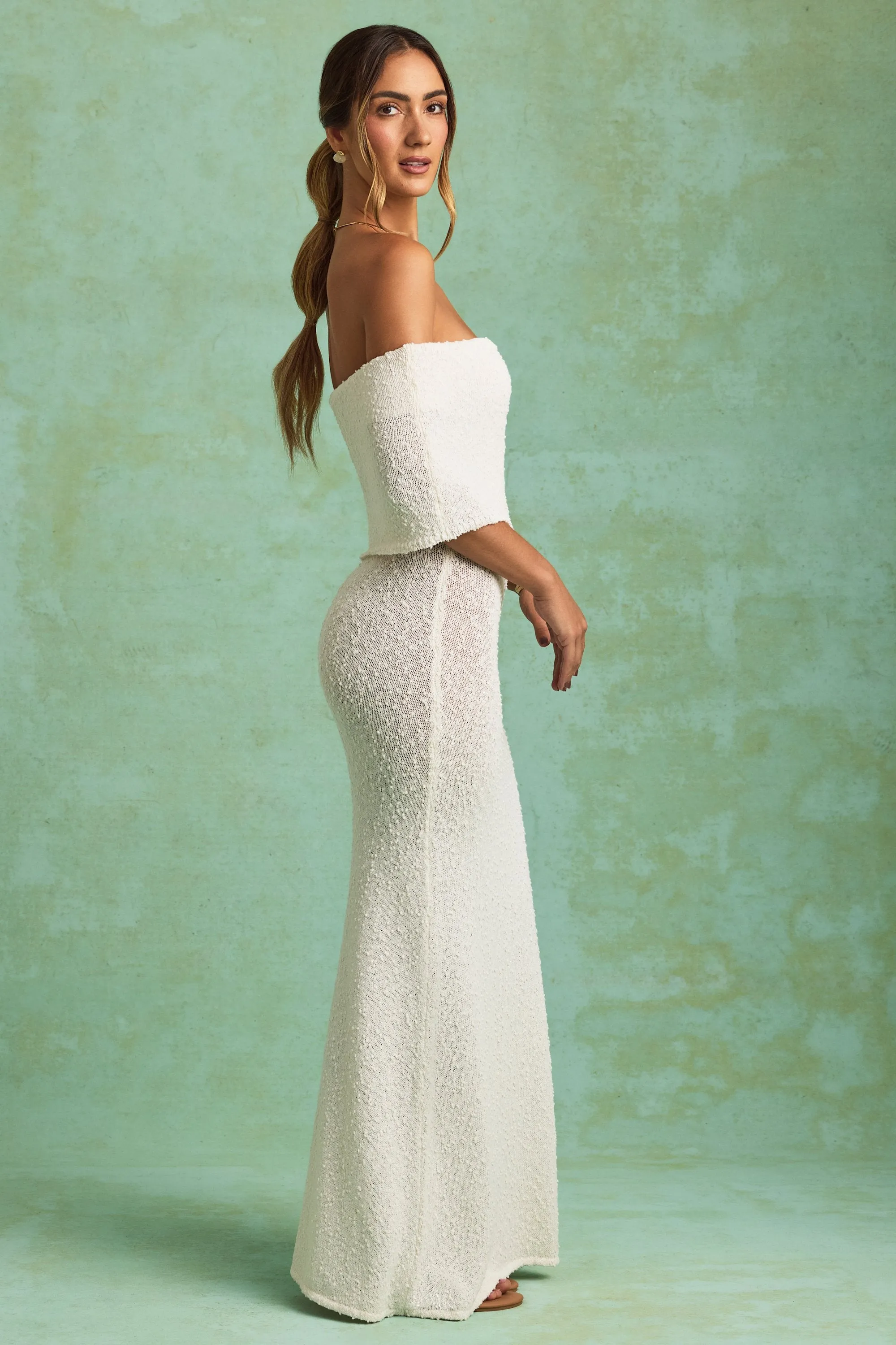 Bouclé Off-Shoulder Maxi Dress in White sold by Oh Polly product image thumbnail 3