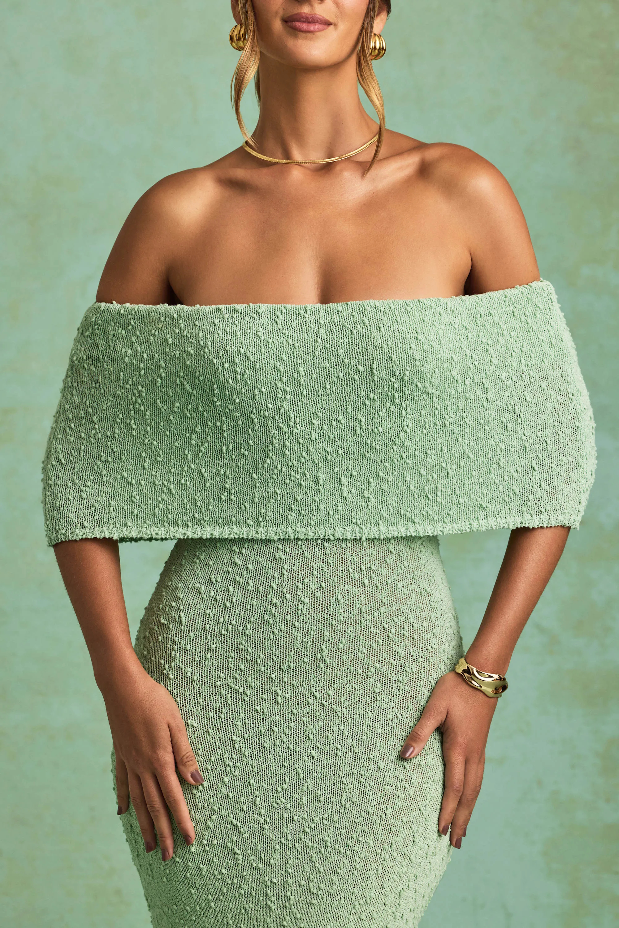 Bouclé Off-Shoulder Maxi Dress in Mint sold by Oh Polly product image thumbnail 4