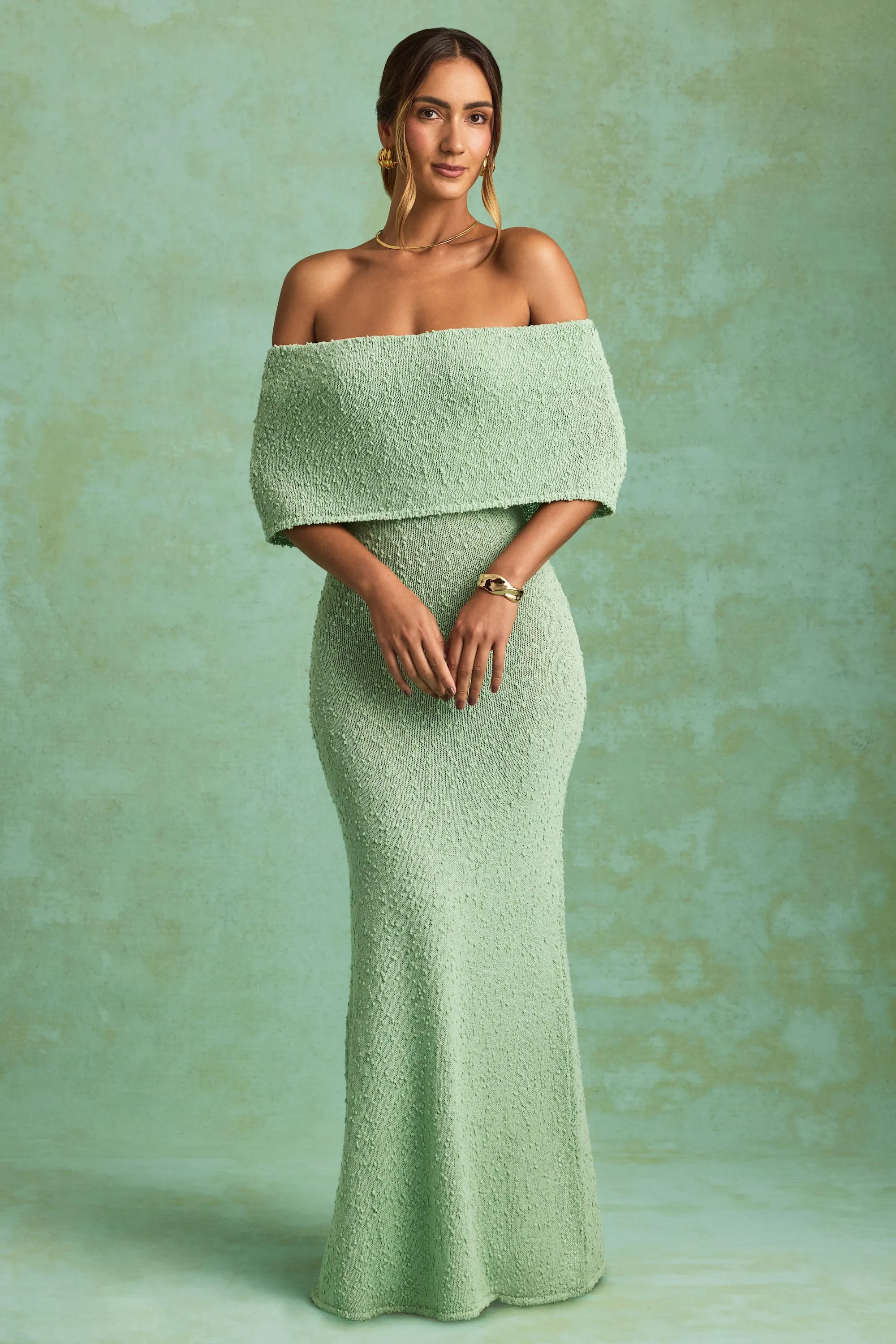 Bouclé Off-Shoulder Maxi Dress in Mint sold by Oh Polly