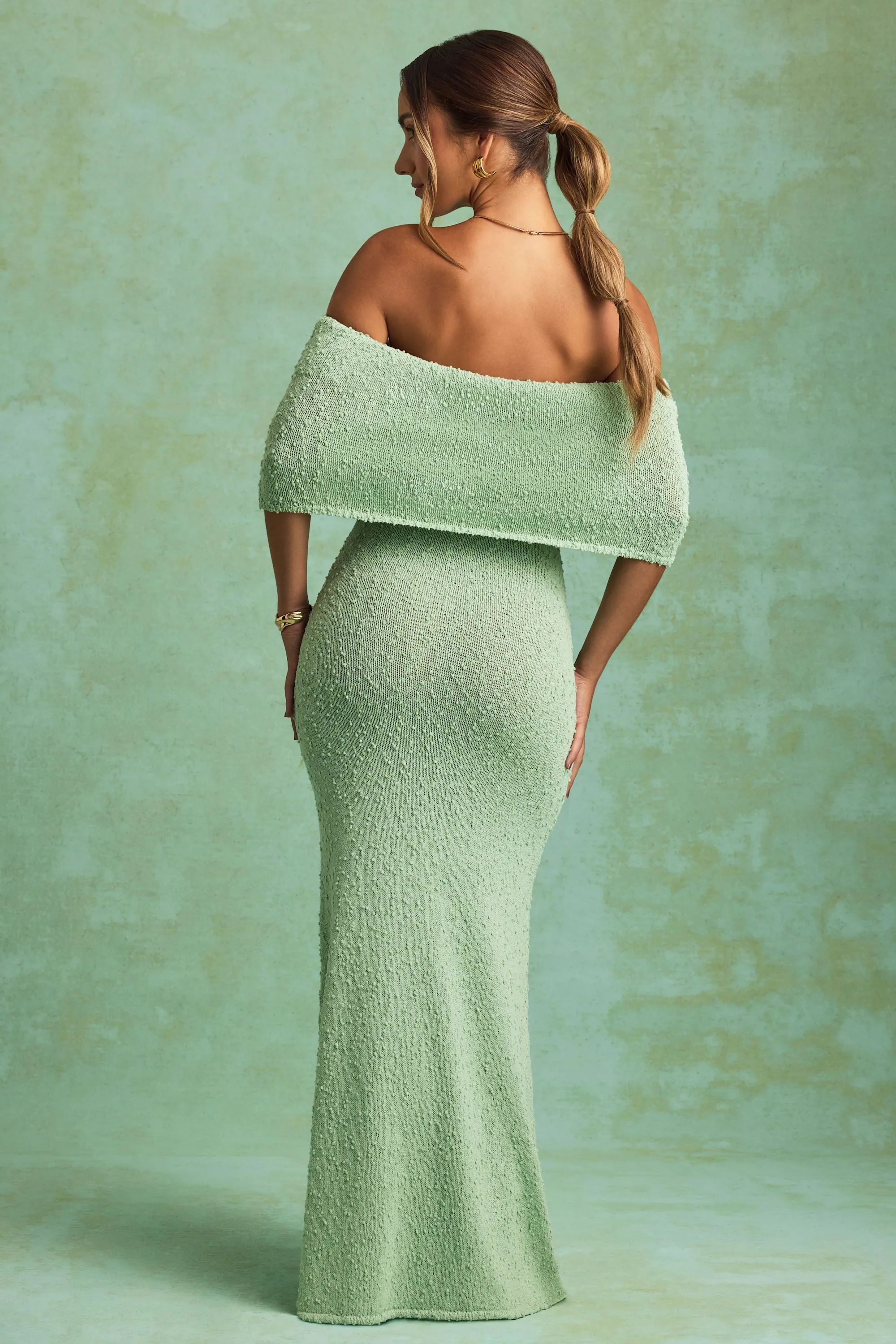 Bouclé Off-Shoulder Maxi Dress in Mint sold by Oh Polly product image thumbnail 5