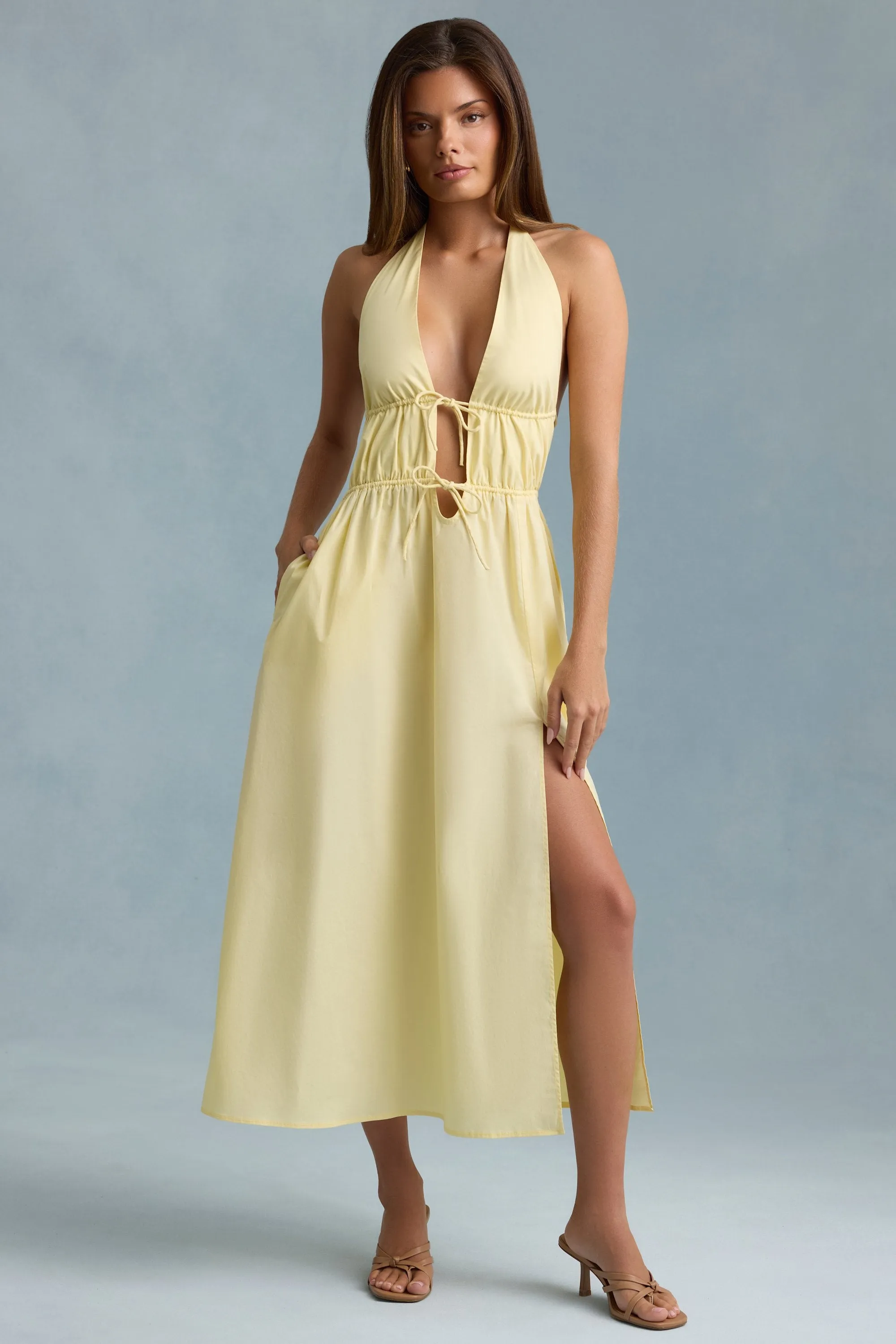 Backless Cotton-Poplin Midaxi Dress in Lemon Yellow sold by Oh Polly
