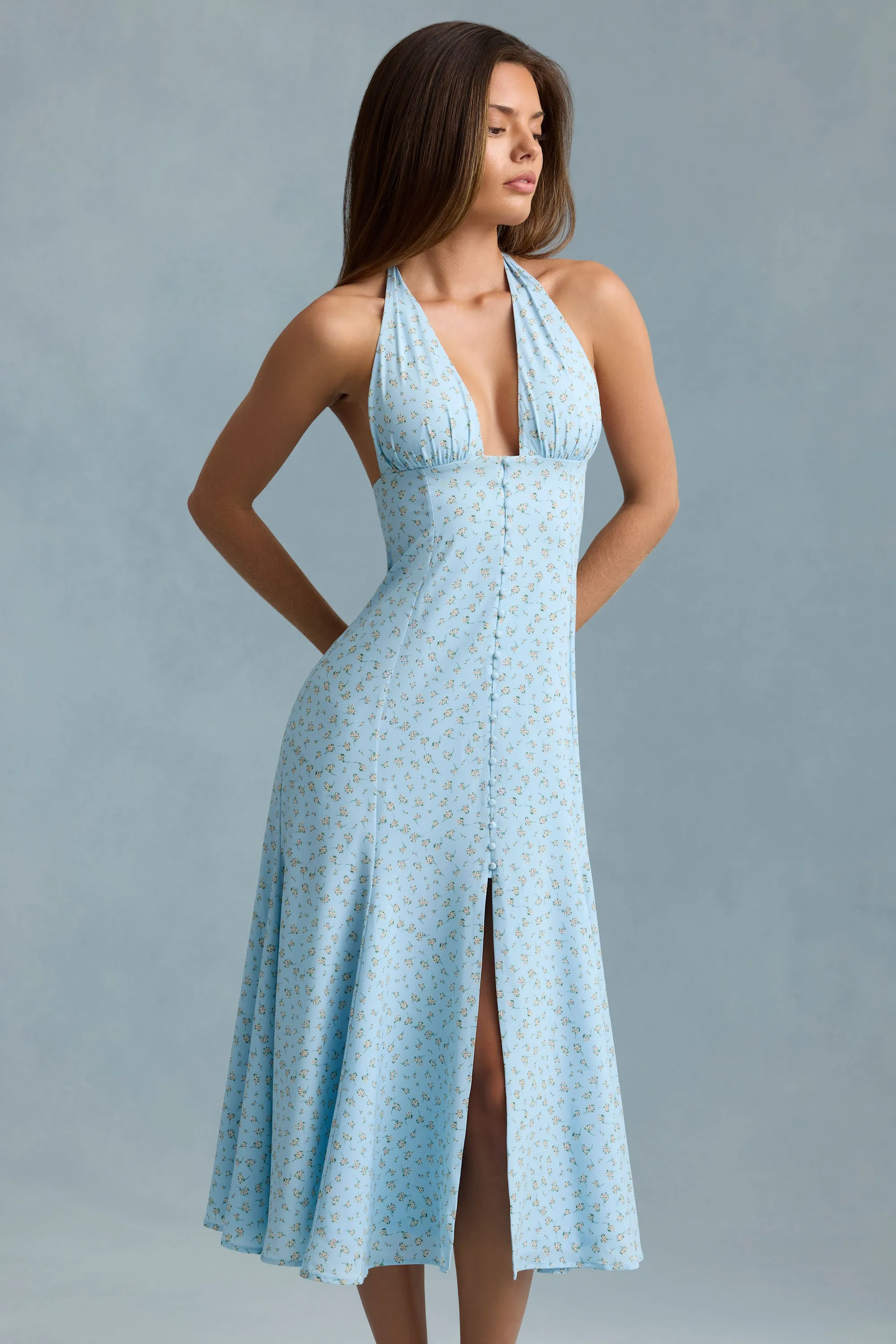 Halterneck Midaxi Dress in Blue Flower Print sold by Oh Polly product image thumbnail 5